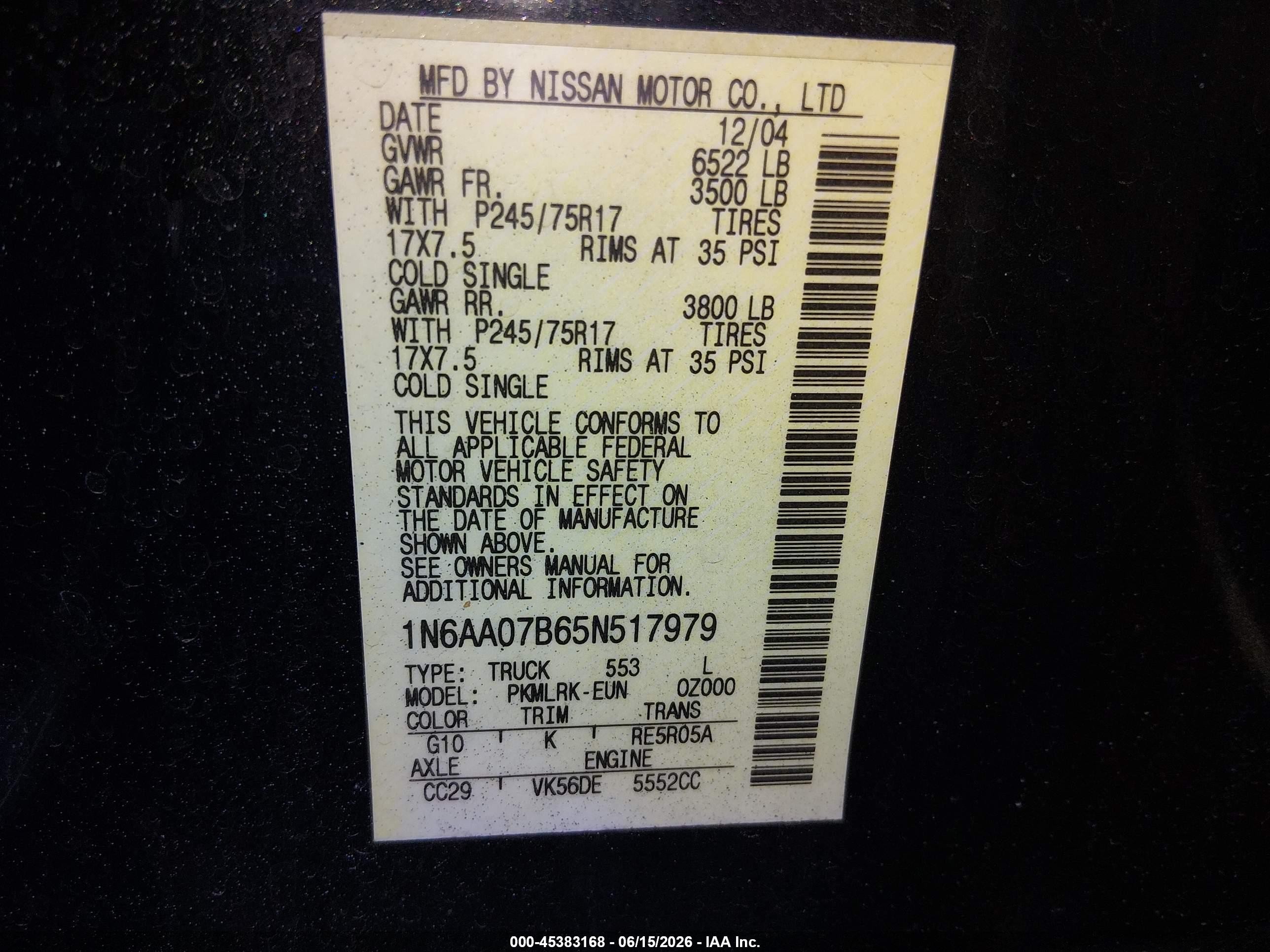2005 Nissan Titan Xe Black vin: 1N6AA07B65N517979