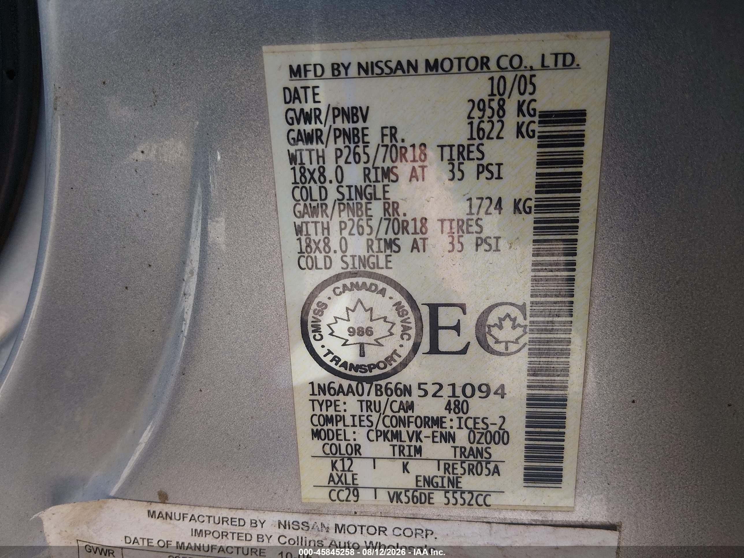 2006 Nissan Titan Le Серебряный vin: 1N6AA07B66N521094