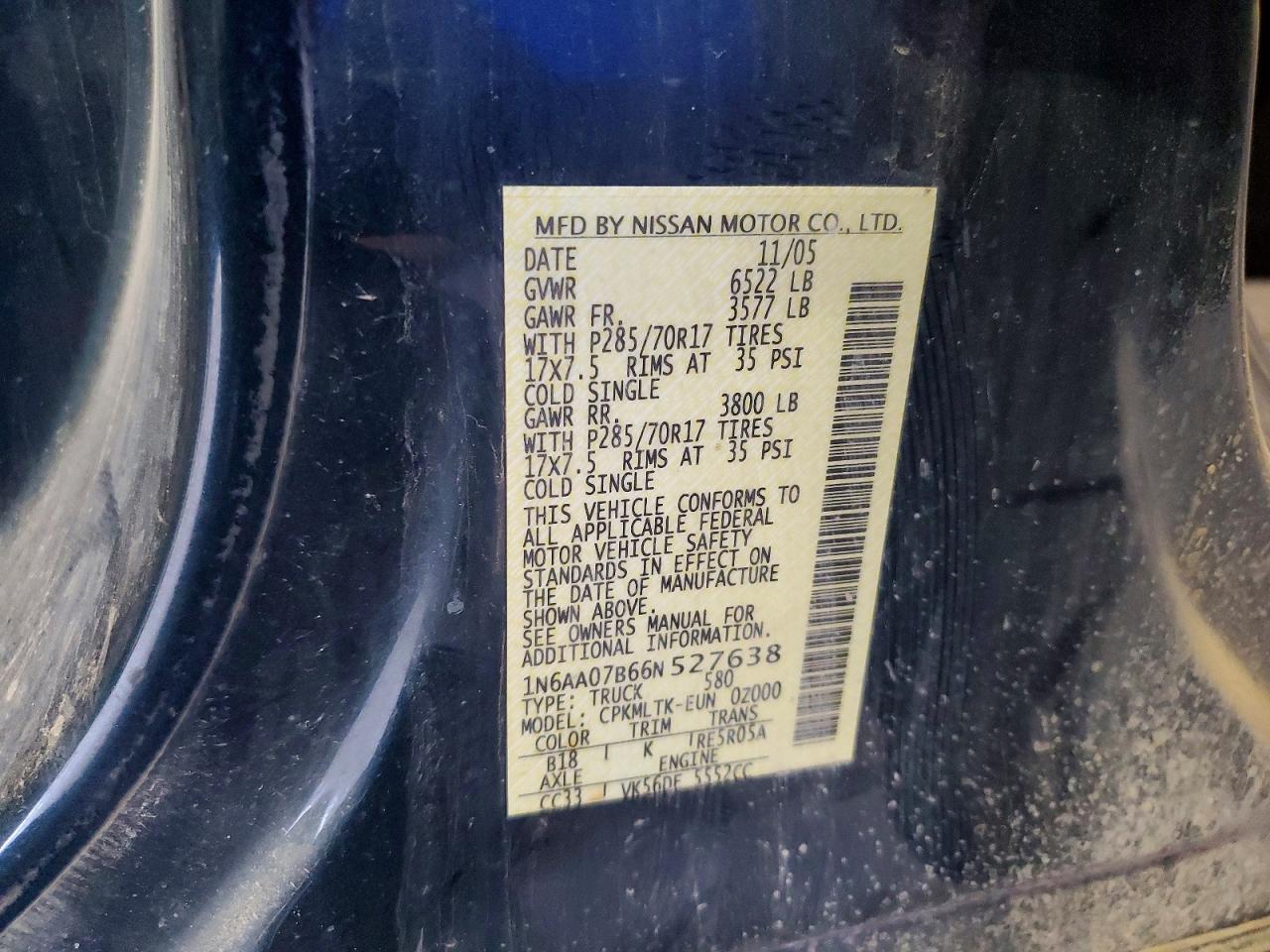 2006 Nissan Titan Xe Teal vin: 1N6AA07B66N527638