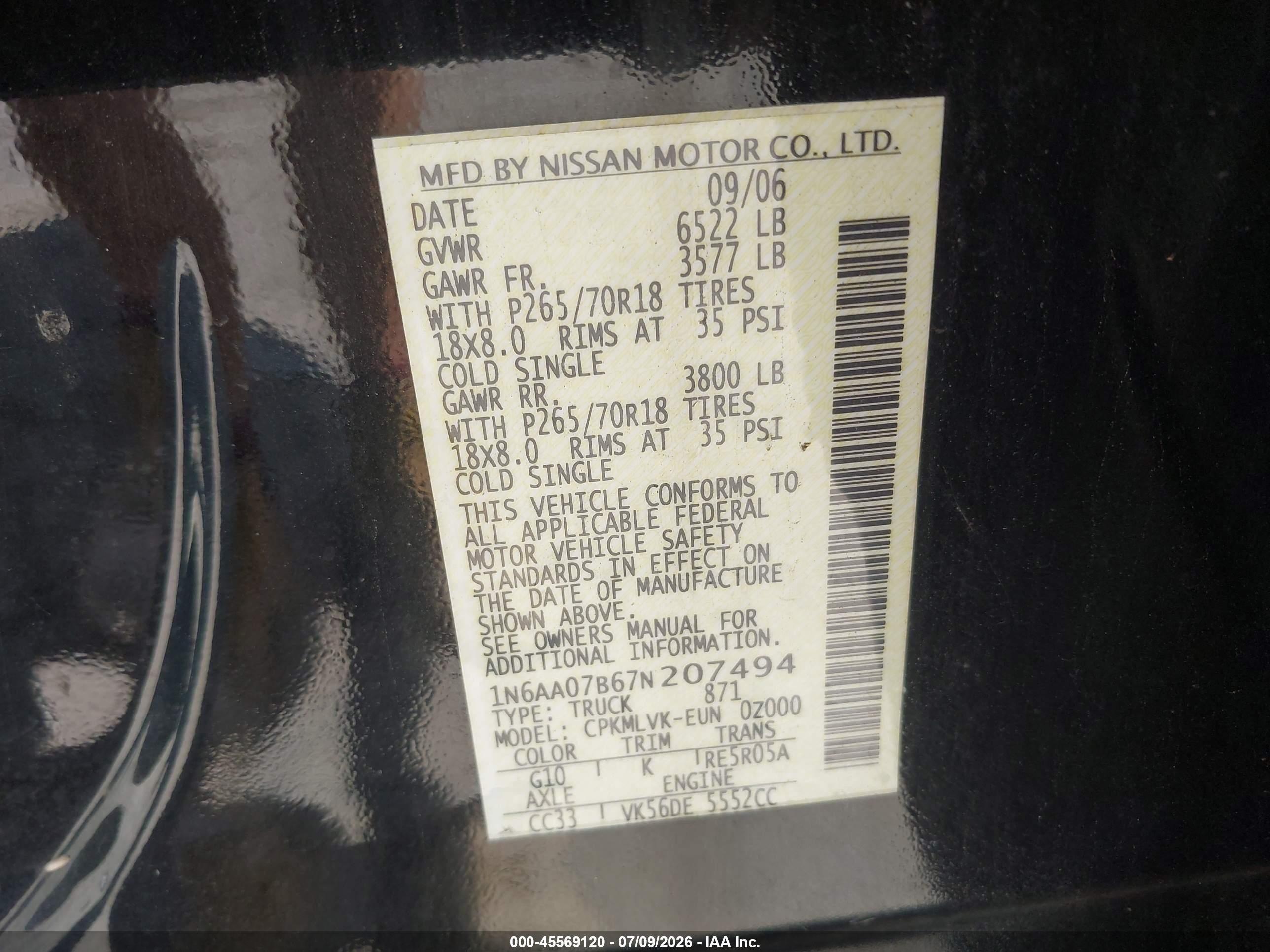 2007 Nissan Titan Le Black vin: 1N6AA07B67N207494