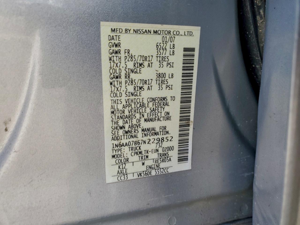 2007 Nissan Titan Xe Silver vin: 1N6AA07B67N229852