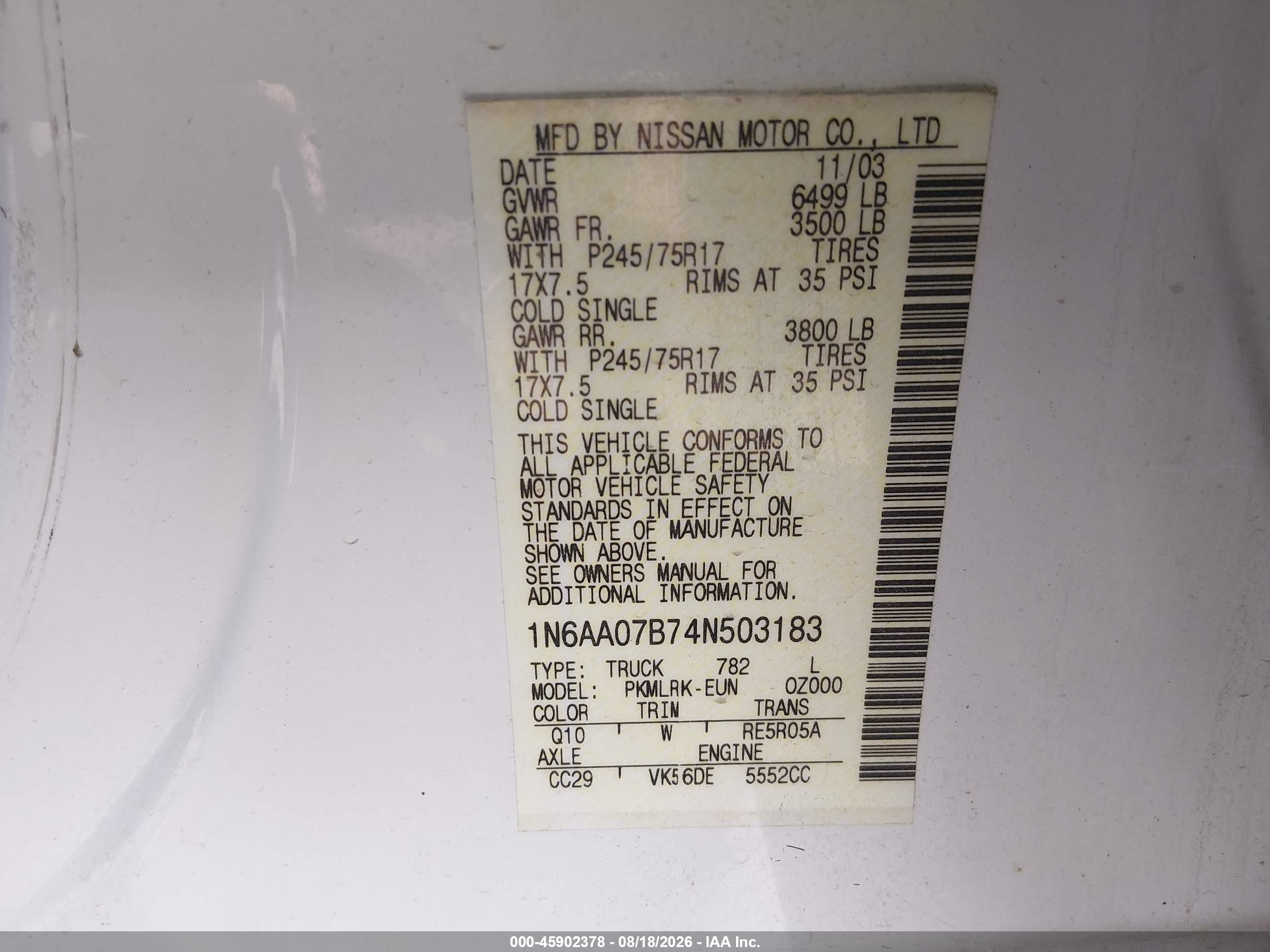 2004 Nissan Titan Xe White vin: 1N6AA07B74N503183