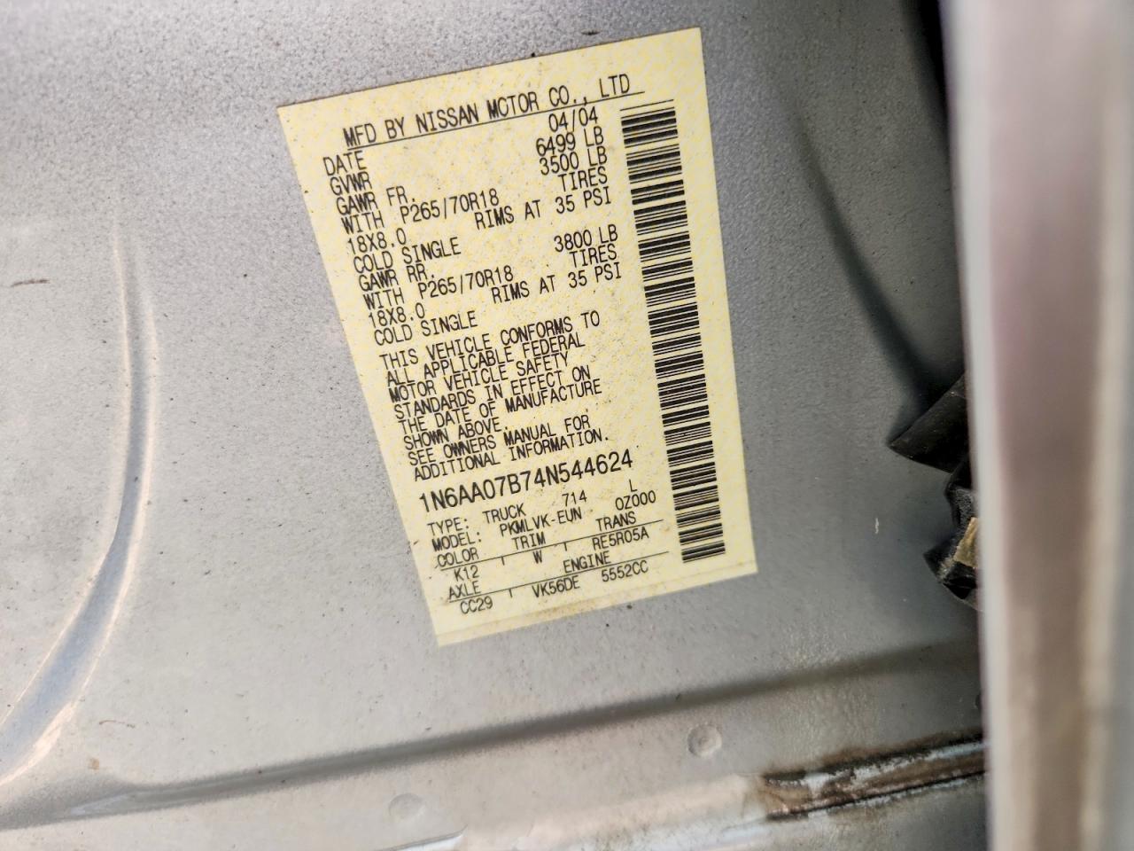 2004 Nissan Titan Xe Серебряный vin: 1N6AA07B74N544624