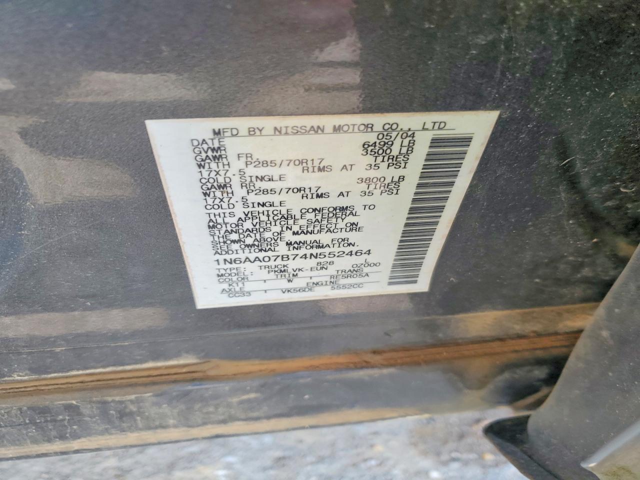 2004 Nissan Titan Xe Gray vin: 1N6AA07B74N552464