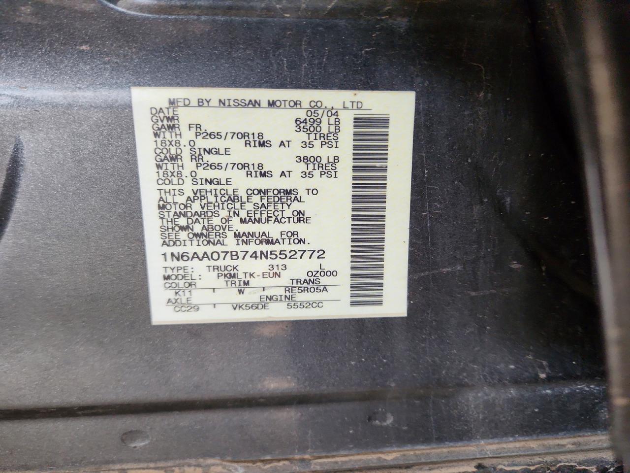 2004 Nissan Titan Xe Gray vin: 1N6AA07B74N552772