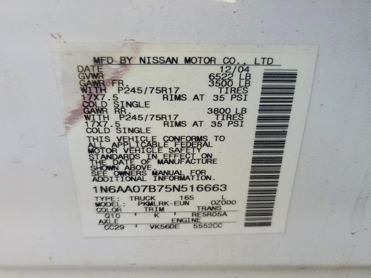 2005 Niss Titan White vin: 1N6AA07B75N516663