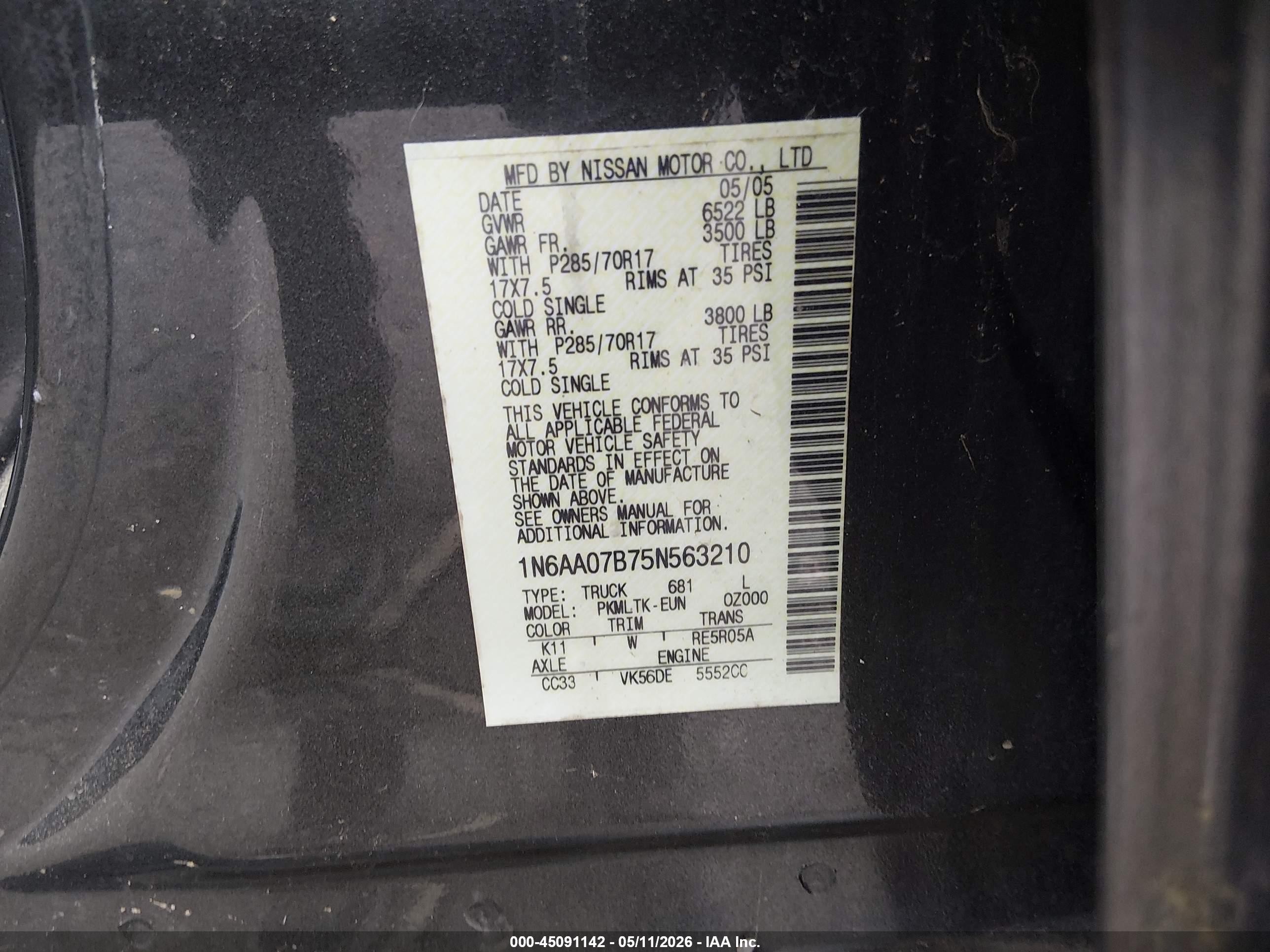 2005 Nissan Titan Se Gray vin: 1N6AA07B75N563210