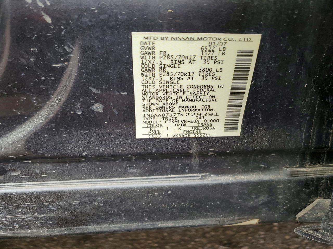 2007 Nissan Titan Xe Gray vin: 1N6AA07B77N229391