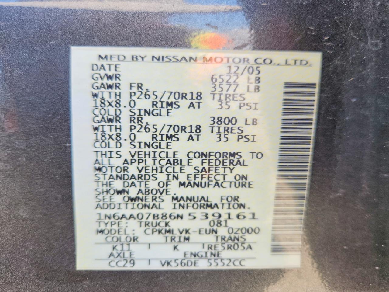 2006 Nissan Titan Xe Угольный vin: 1N6AA07B86N539161