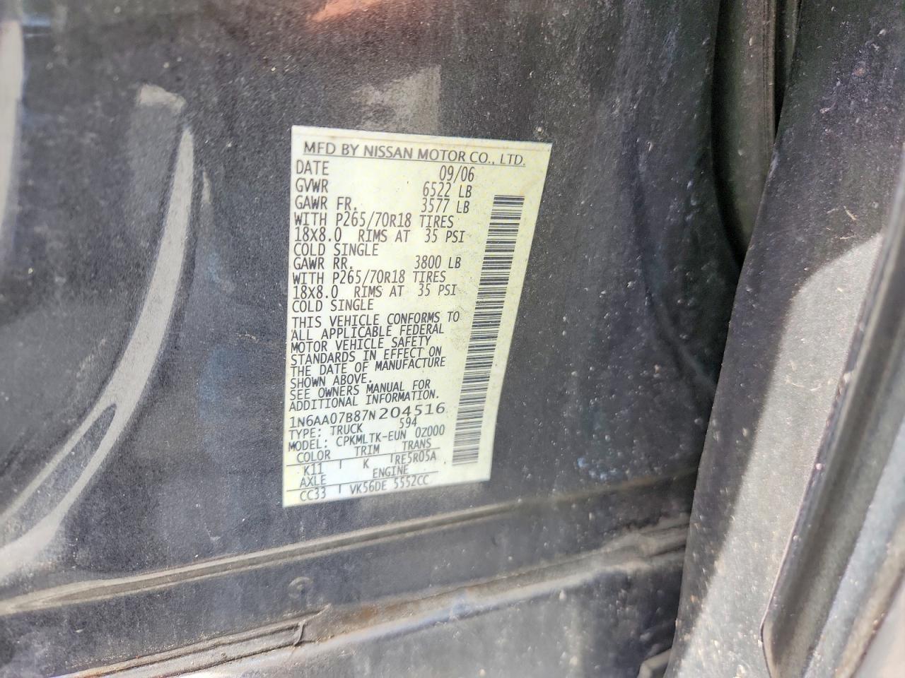 2007 Nissan Titan Xe Gray vin: 1N6AA07B87N204516