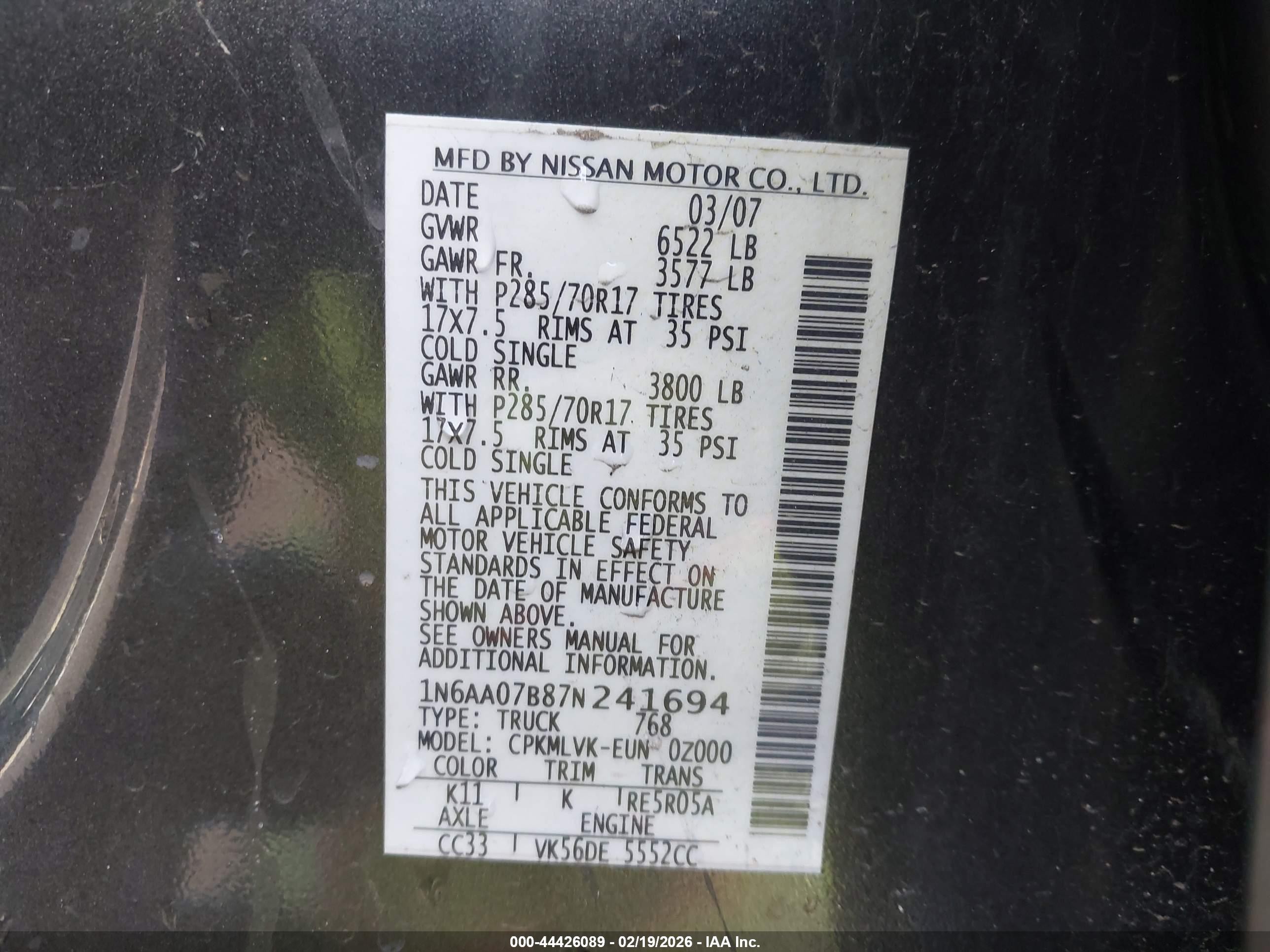 2007 Nissan Titan Le Gray vin: 1N6AA07B87N241694