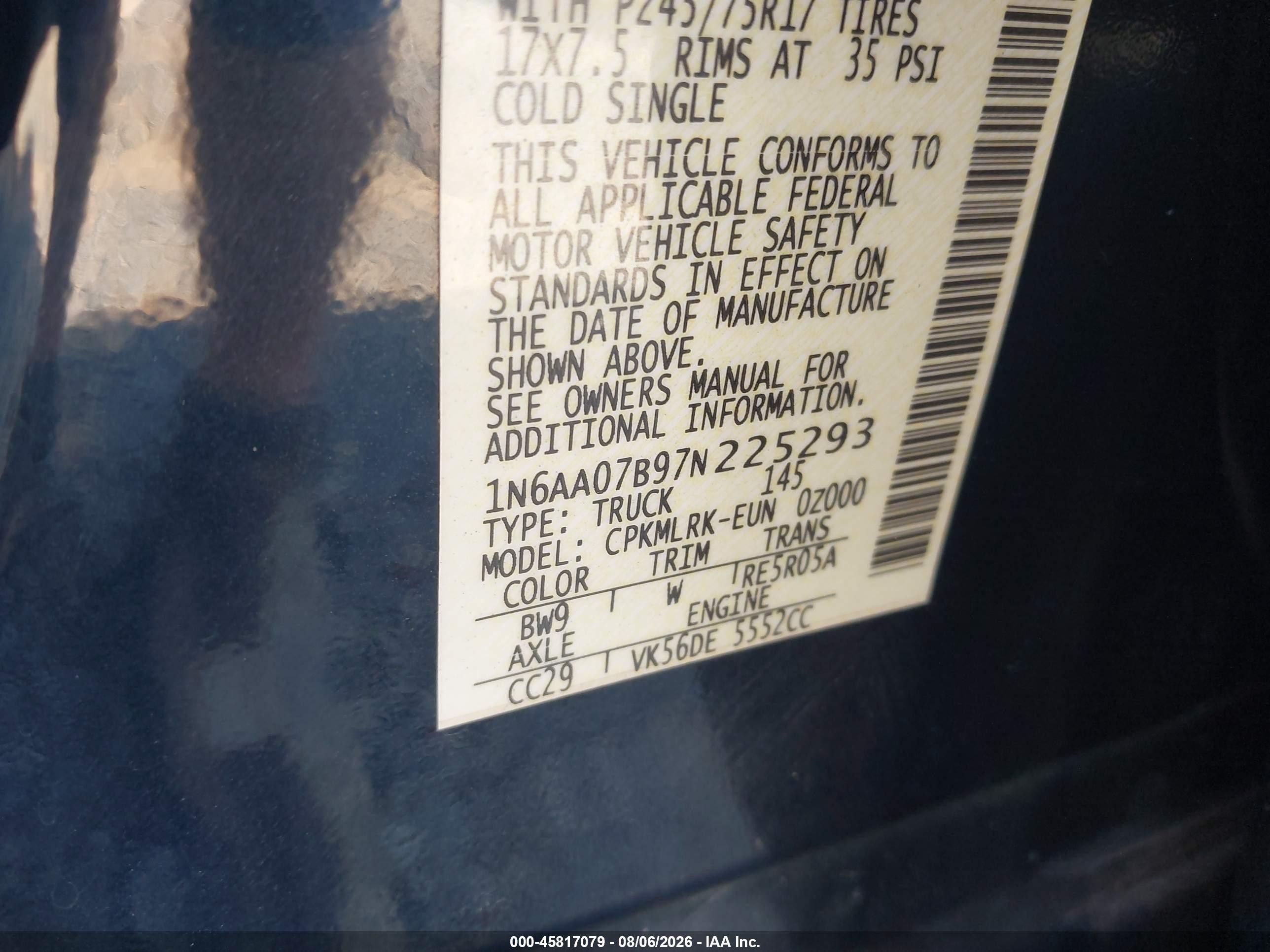 2007 Nissan Titan Xe Black vin: 1N6AA07B97N225293