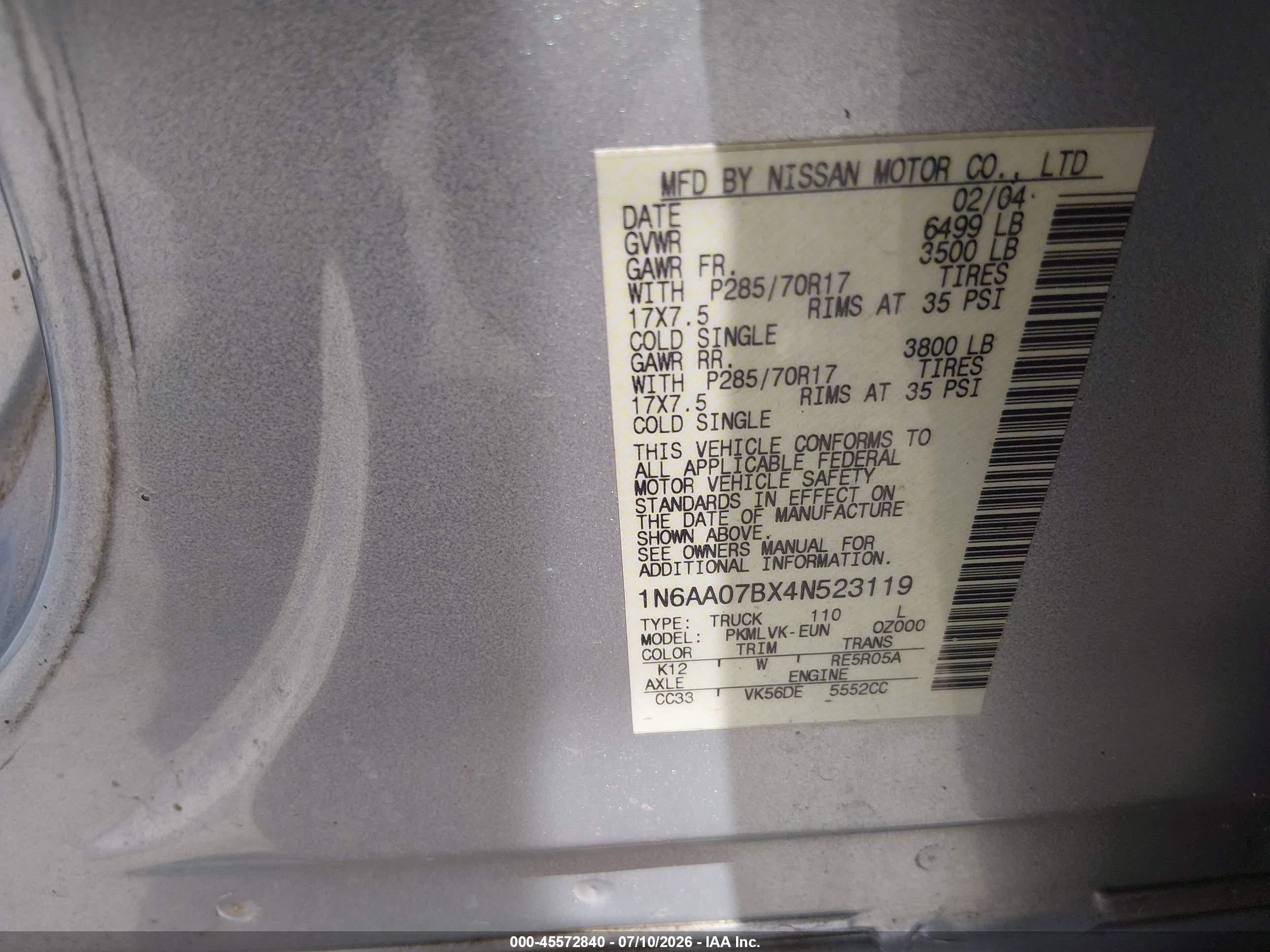 2004 Nissan Titan Le Silver vin: 1N6AA07BX4N523119