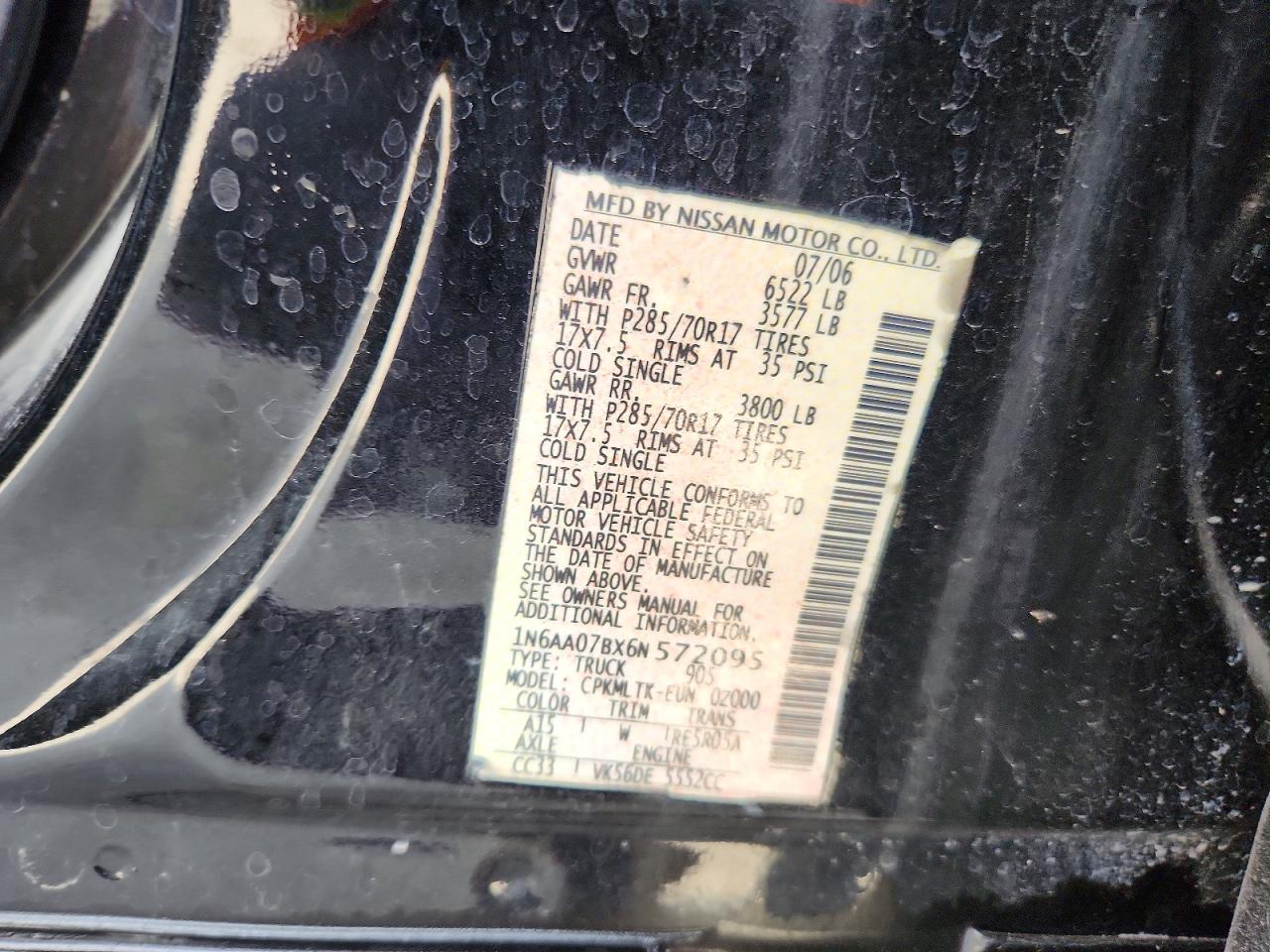 2006 Nissan Titan Xe Black vin: 1N6AA07BX6N572095