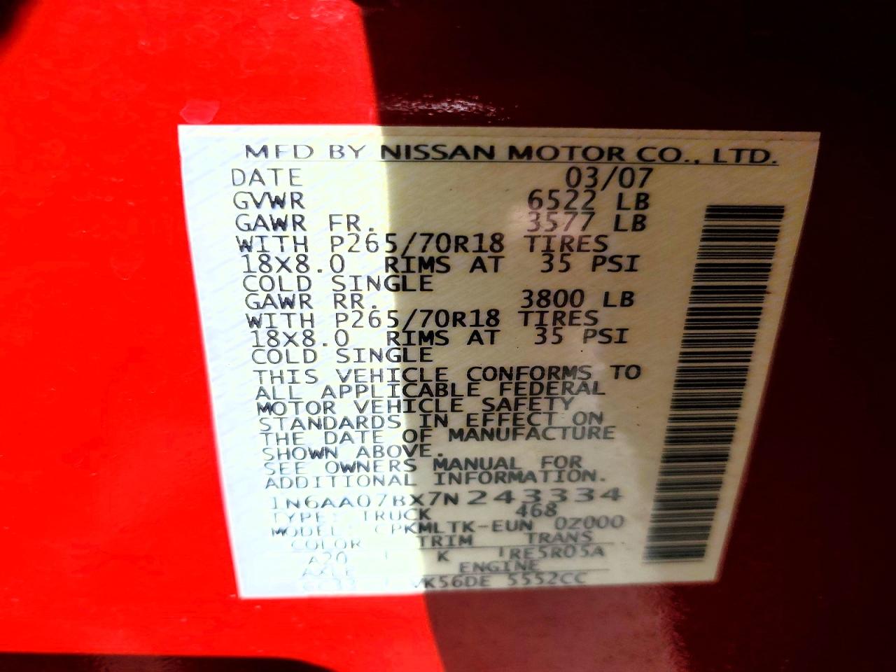 2007 Nissan Titan Xe Red vin: 1N6AA07BX7N243334