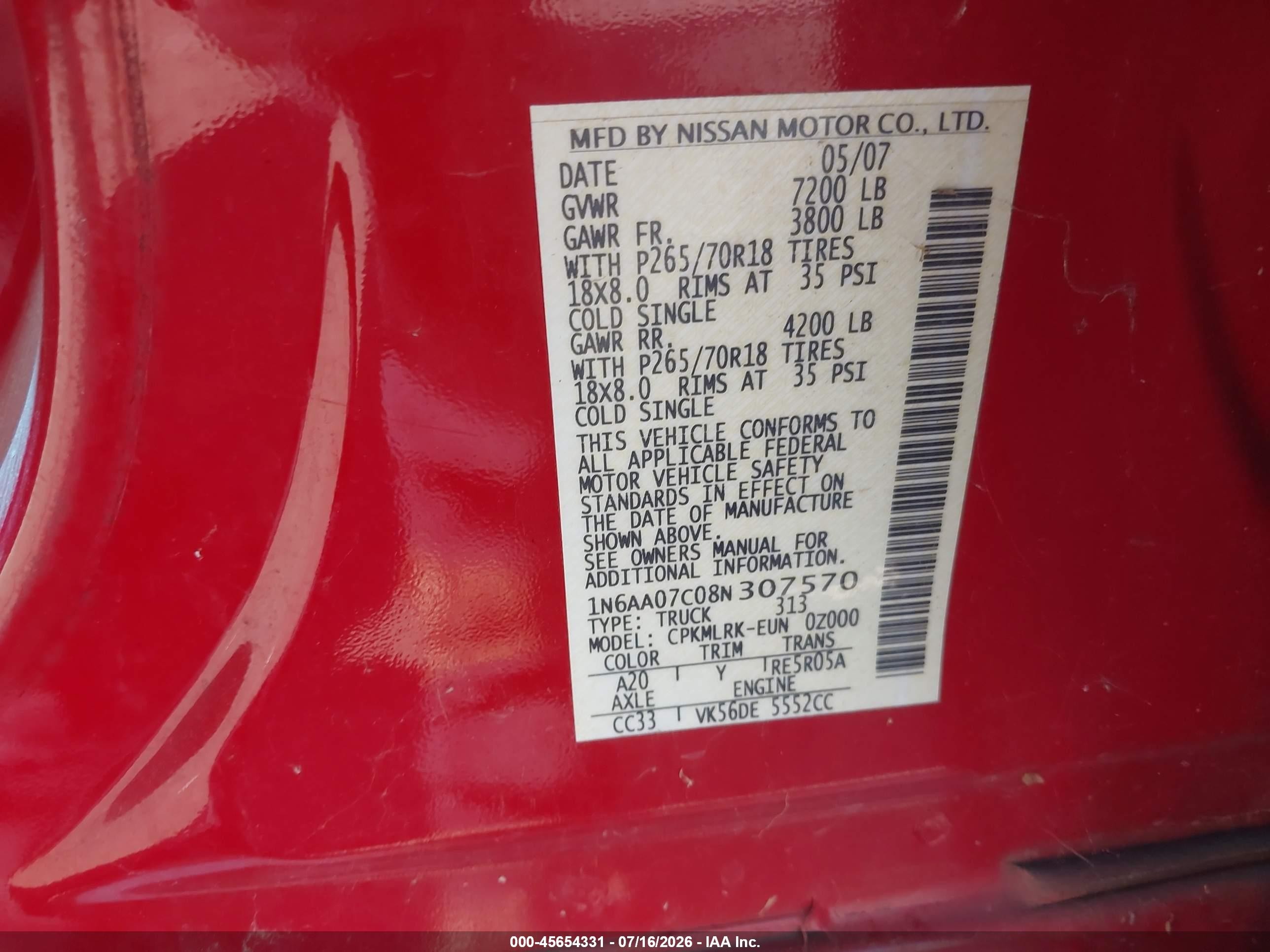 2008 Nissan Titan Xe Red vin: 1N6AA07C08N307570