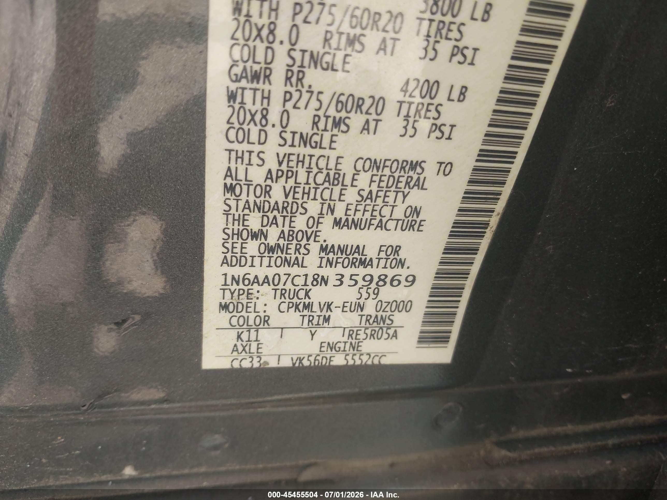 2008 Nissan Titan Le/pro-4x/se/xe Gray vin: 1N6AA07C18N359869