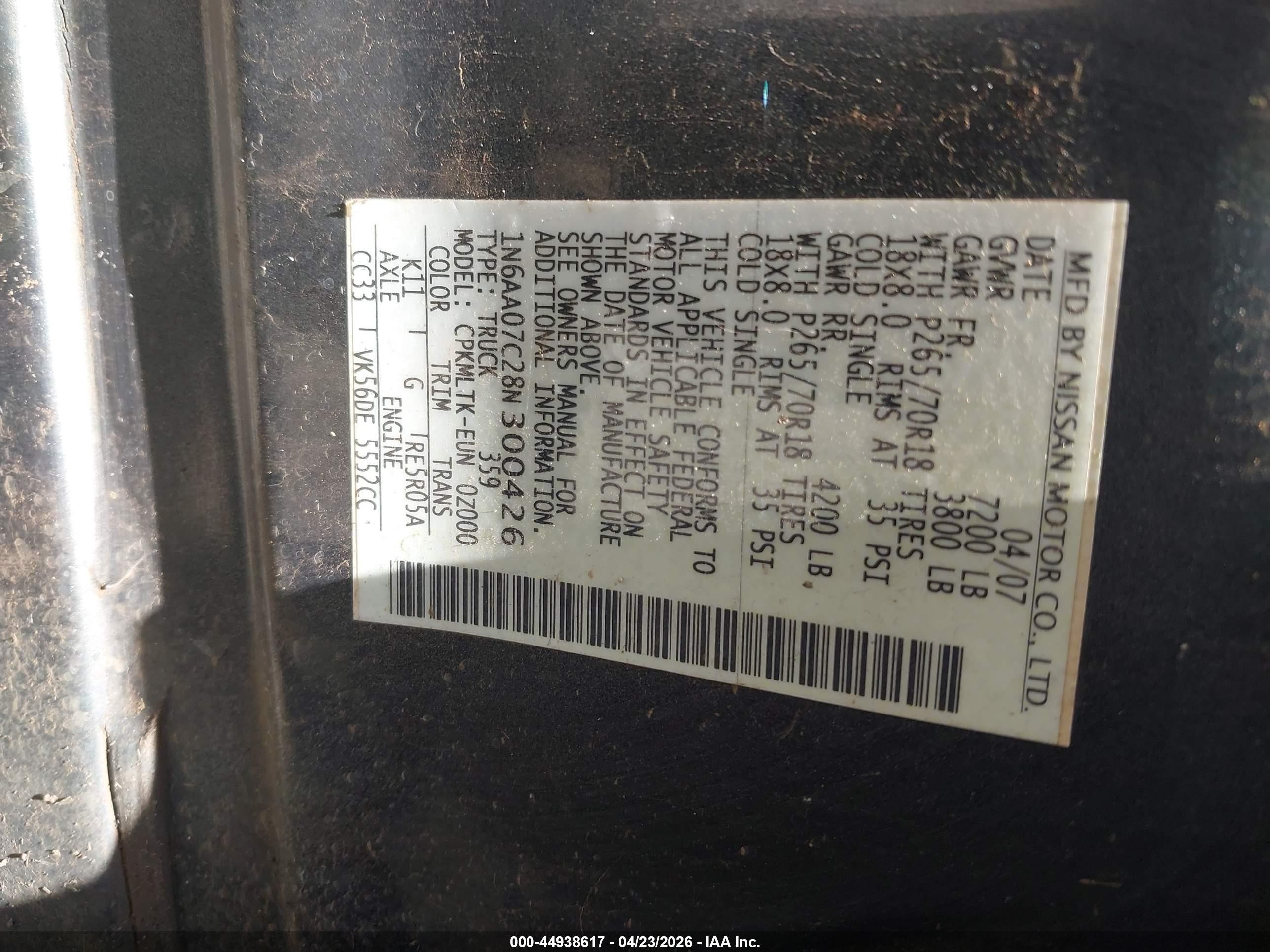 2008 Nissan Titan Se Gray vin: 1N6AA07C28N300426