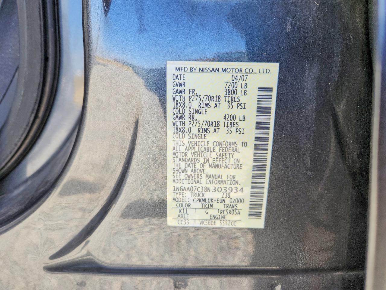 2008 Nissan Titan Xe Gray vin: 1N6AA07C38N303934
