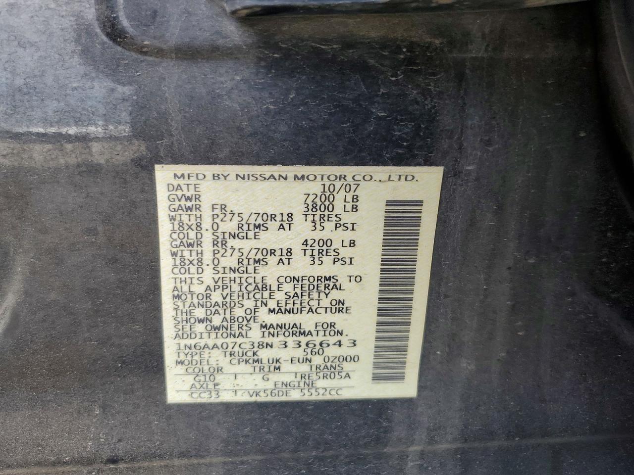 2008 Nissan Titan Xe Black vin: 1N6AA07C38N336643