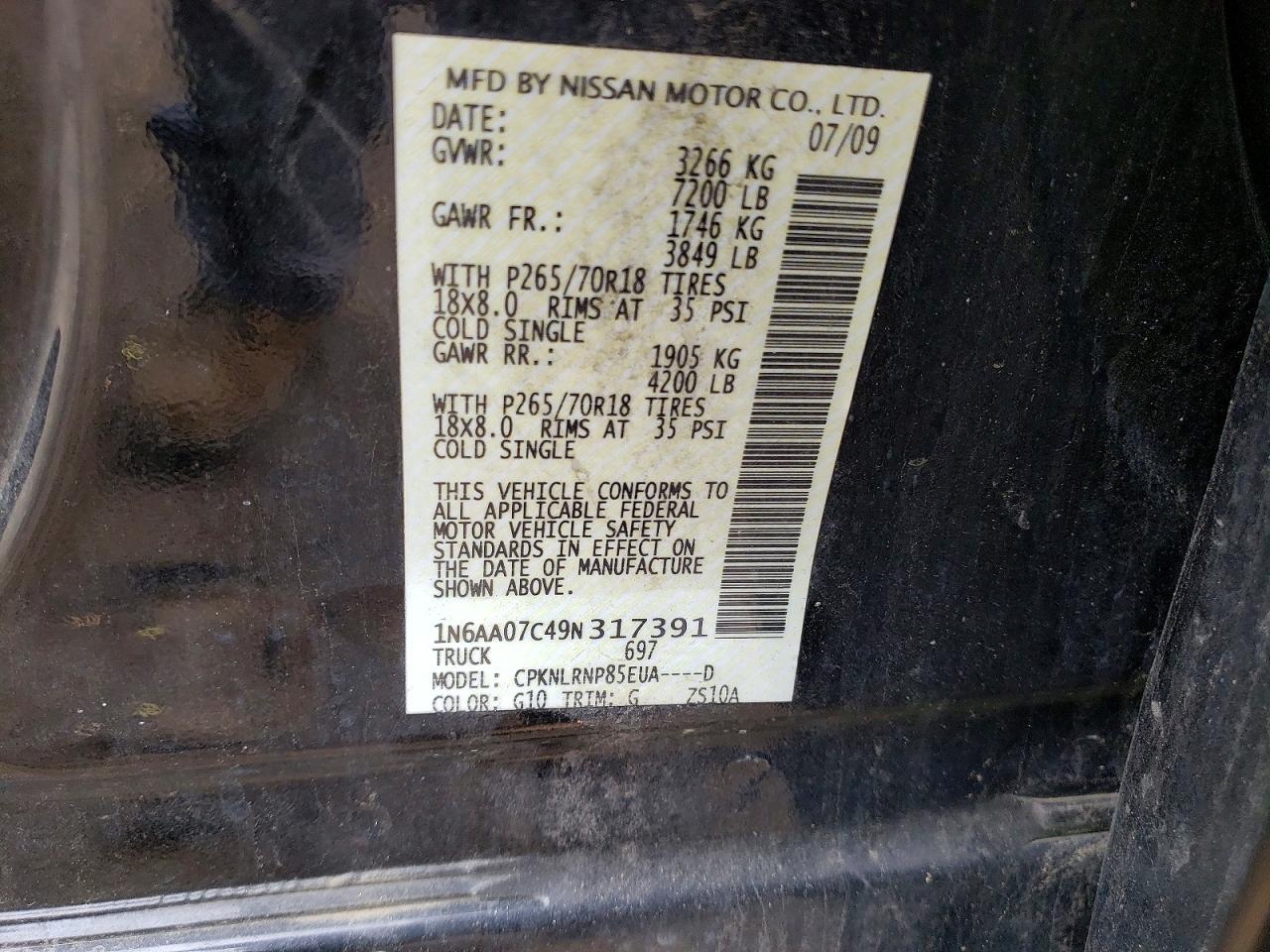 2009 Nissan Titan Xe Black vin: 1N6AA07C49N317391