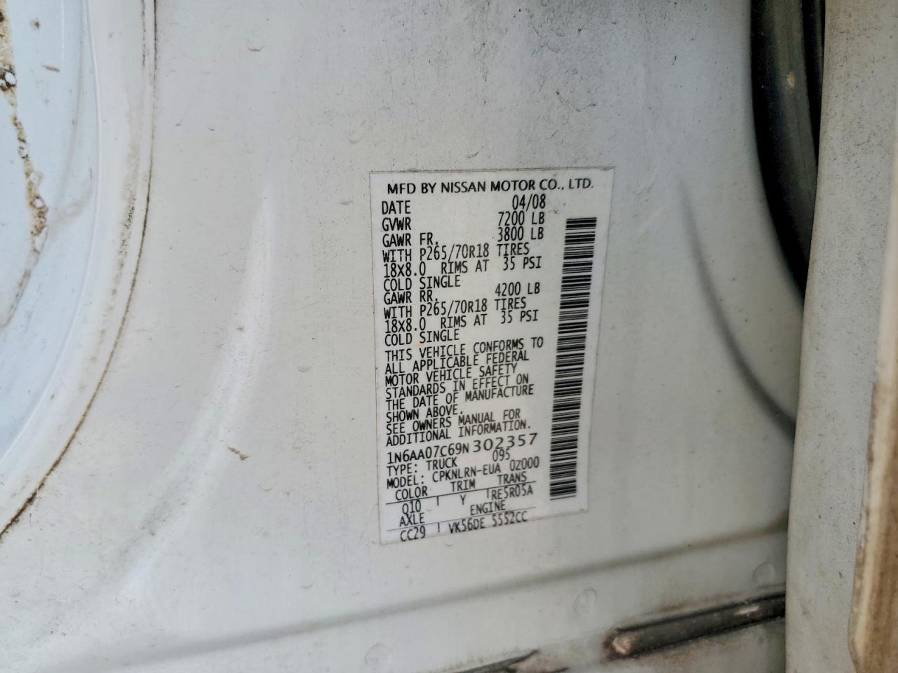 2009 Nissan Titan Xe White vin: 1N6AA07C69N302357