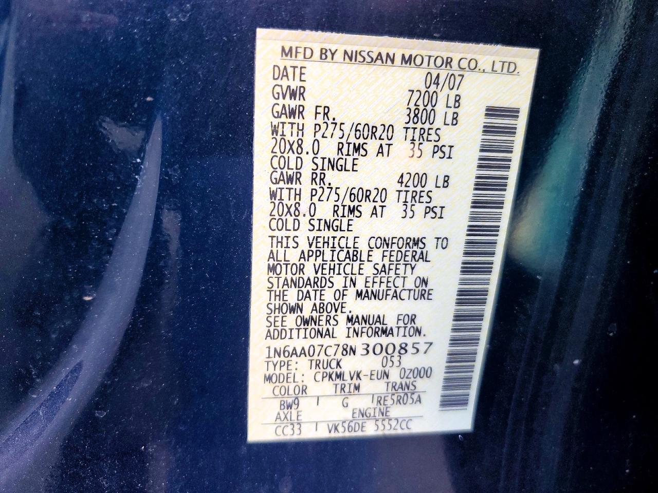 2008 Nissan Titan Xe Blue vin: 1N6AA07C78N300857