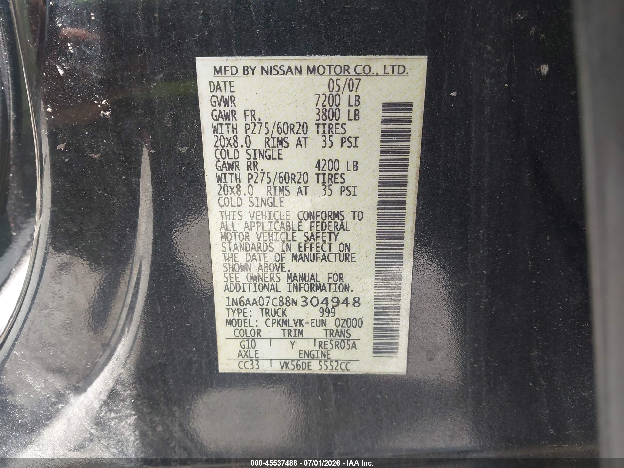 2008 Nissan Titan Le Black vin: 1N6AA07C88N304948
