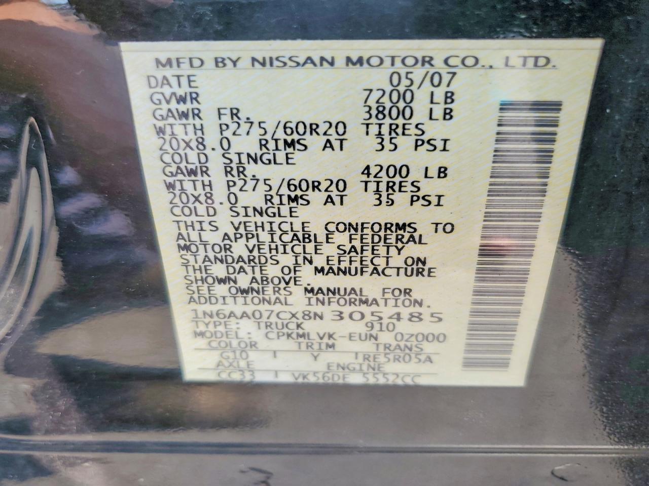 2008 Nissan Titan Xe Black vin: 1N6AA07CX8N305485