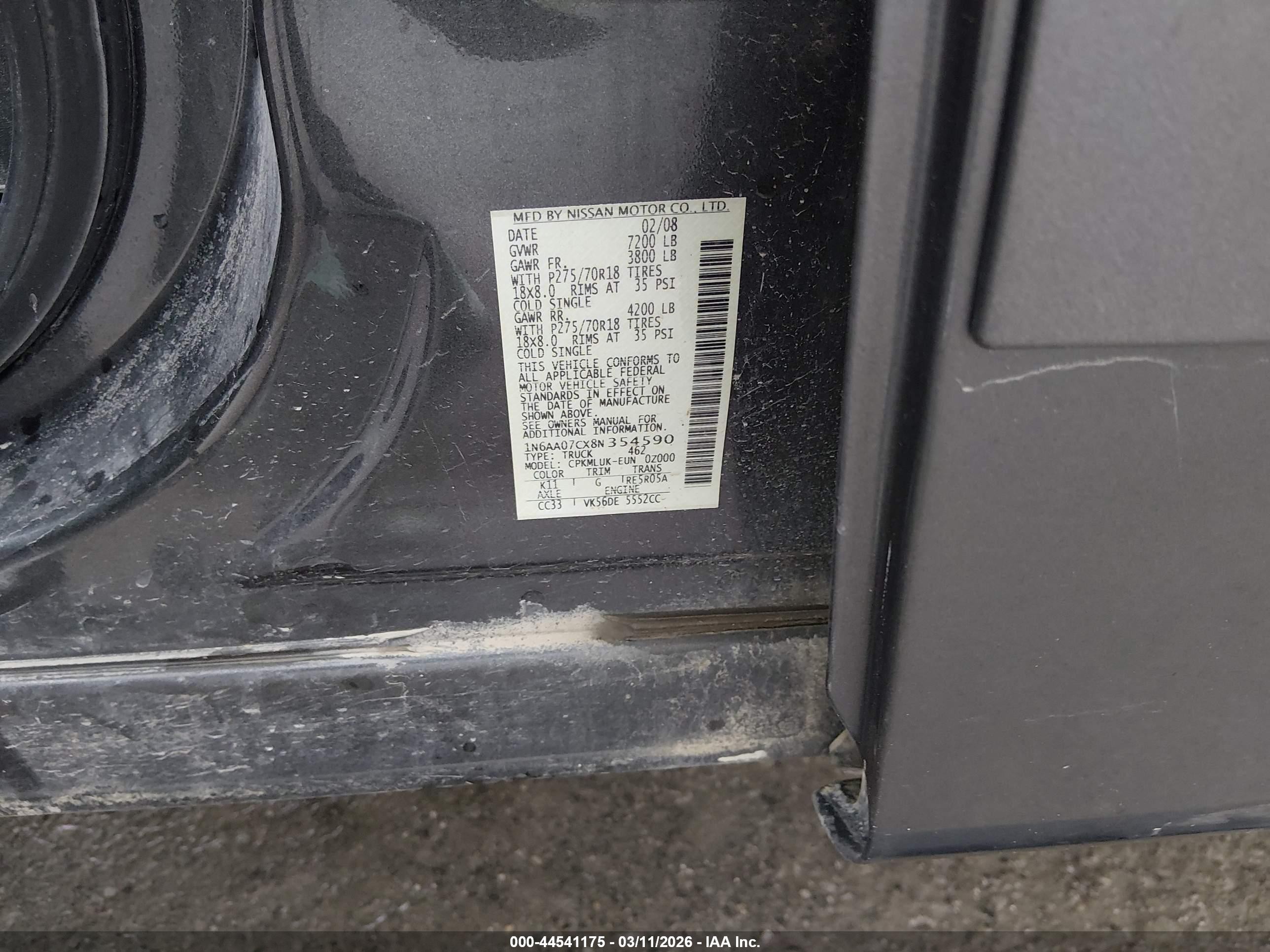 2008 Nissan Titan Le/pro-4x/se/xe Gray vin: 1N6AA07CX8N354590