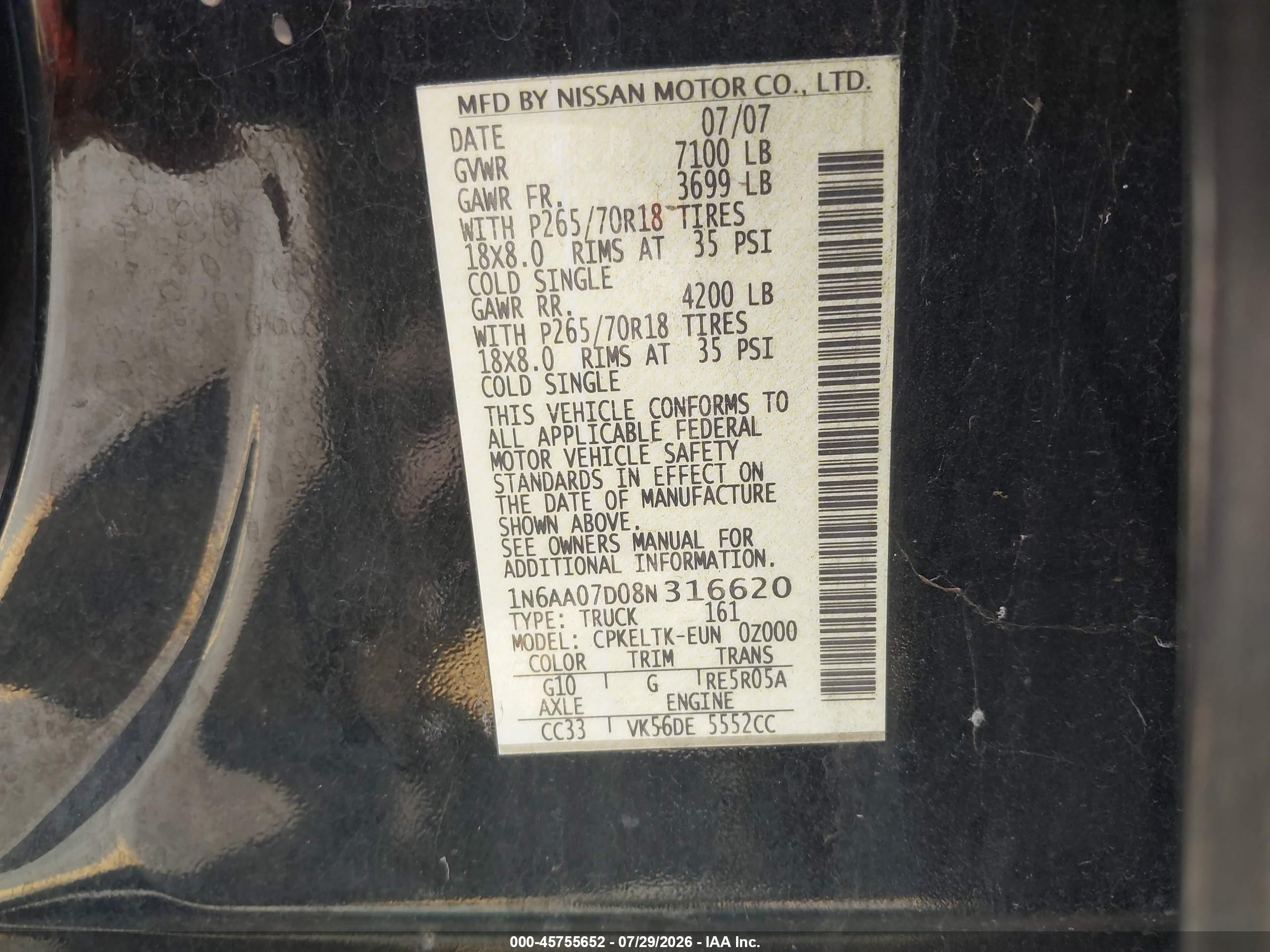 2008 Nissan Titan Se Black vin: 1N6AA07D08N316620