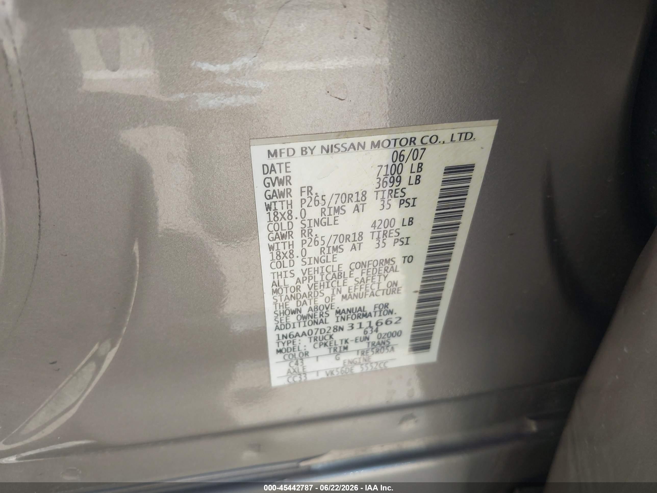 2008 Nissan Titan Se Beige vin: 1N6AA07D28N311662