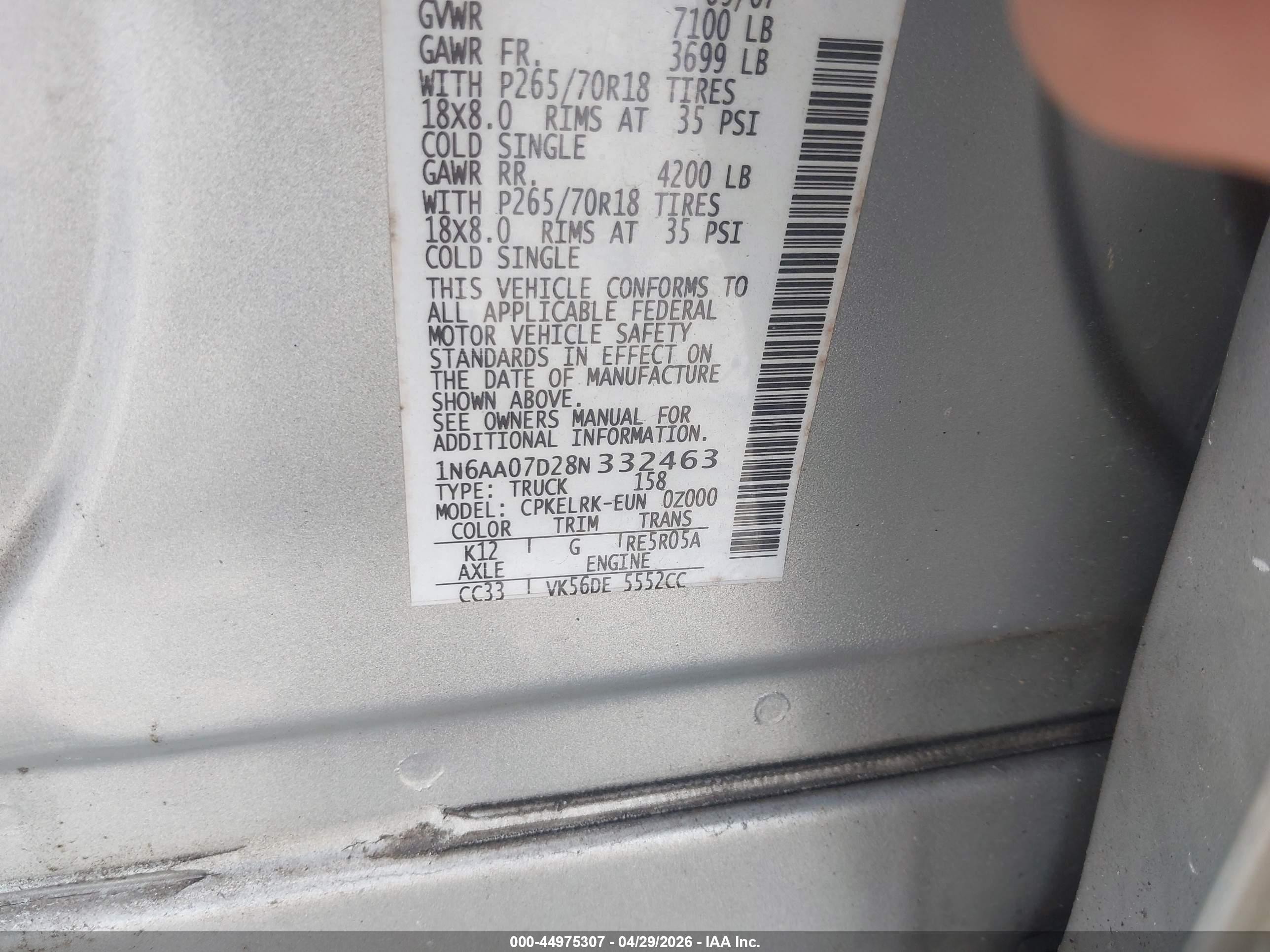 2008 Nissan Titan Xe Silver vin: 1N6AA07D28N332463
