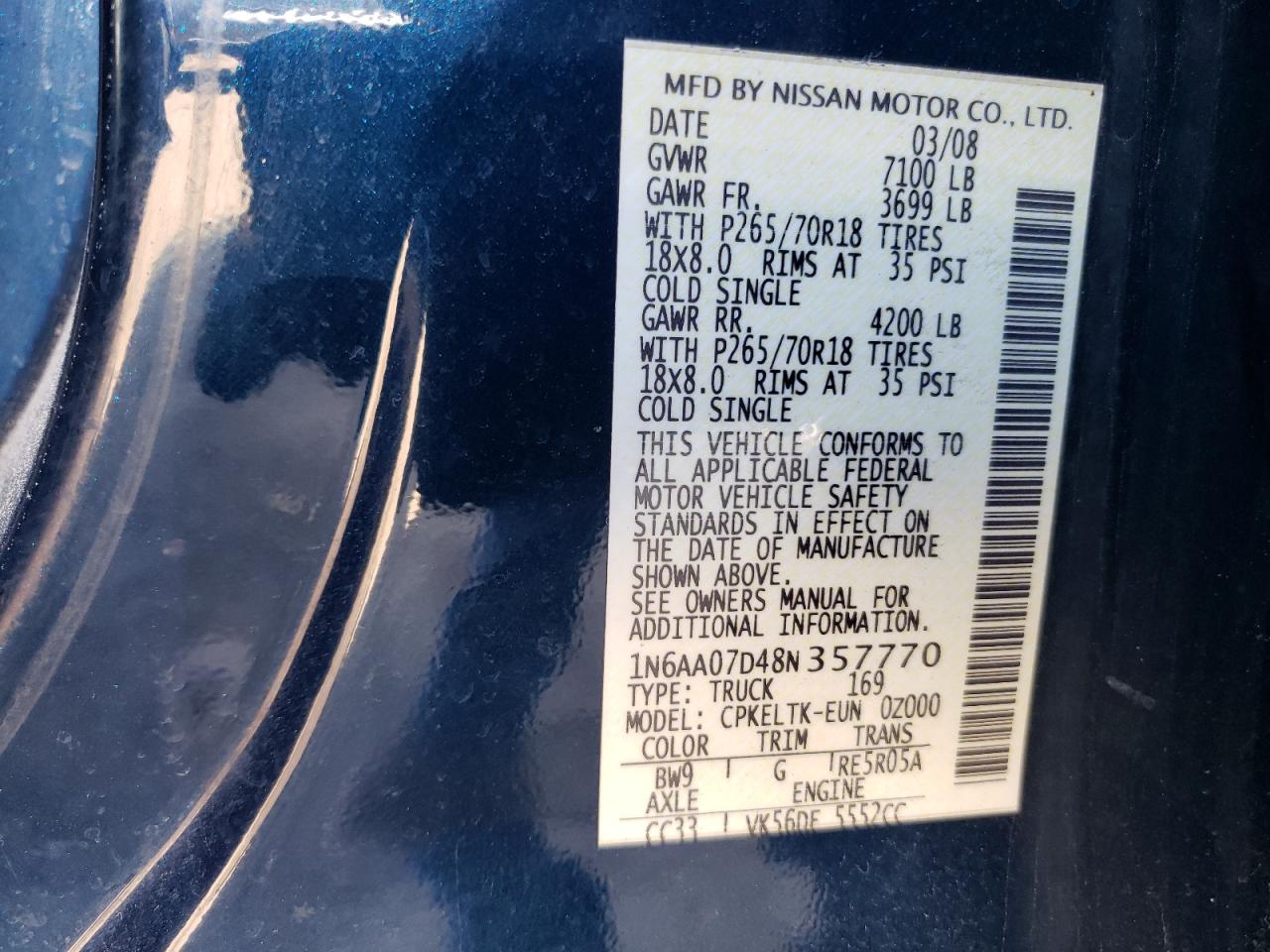 2008 Nissan Titan Xe Blue vin: 1N6AA07D48N357770