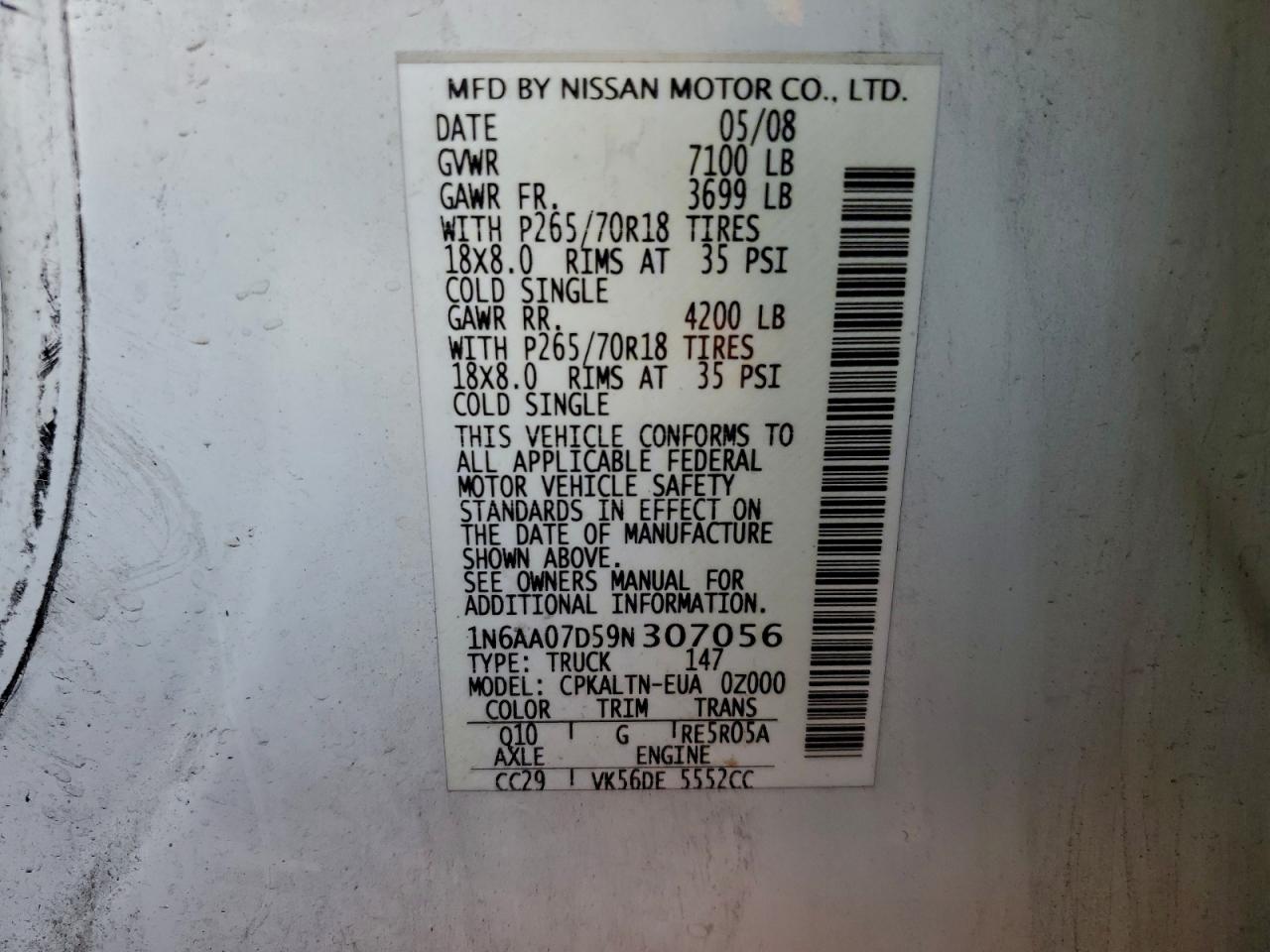 2009 Nissan Titan Xe Белый vin: 1N6AA07D59N307056