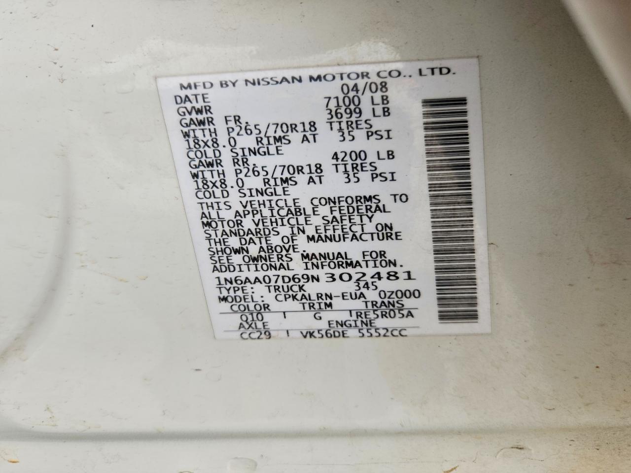 2009 Nissan Titan Xe Белый vin: 1N6AA07D69N302481