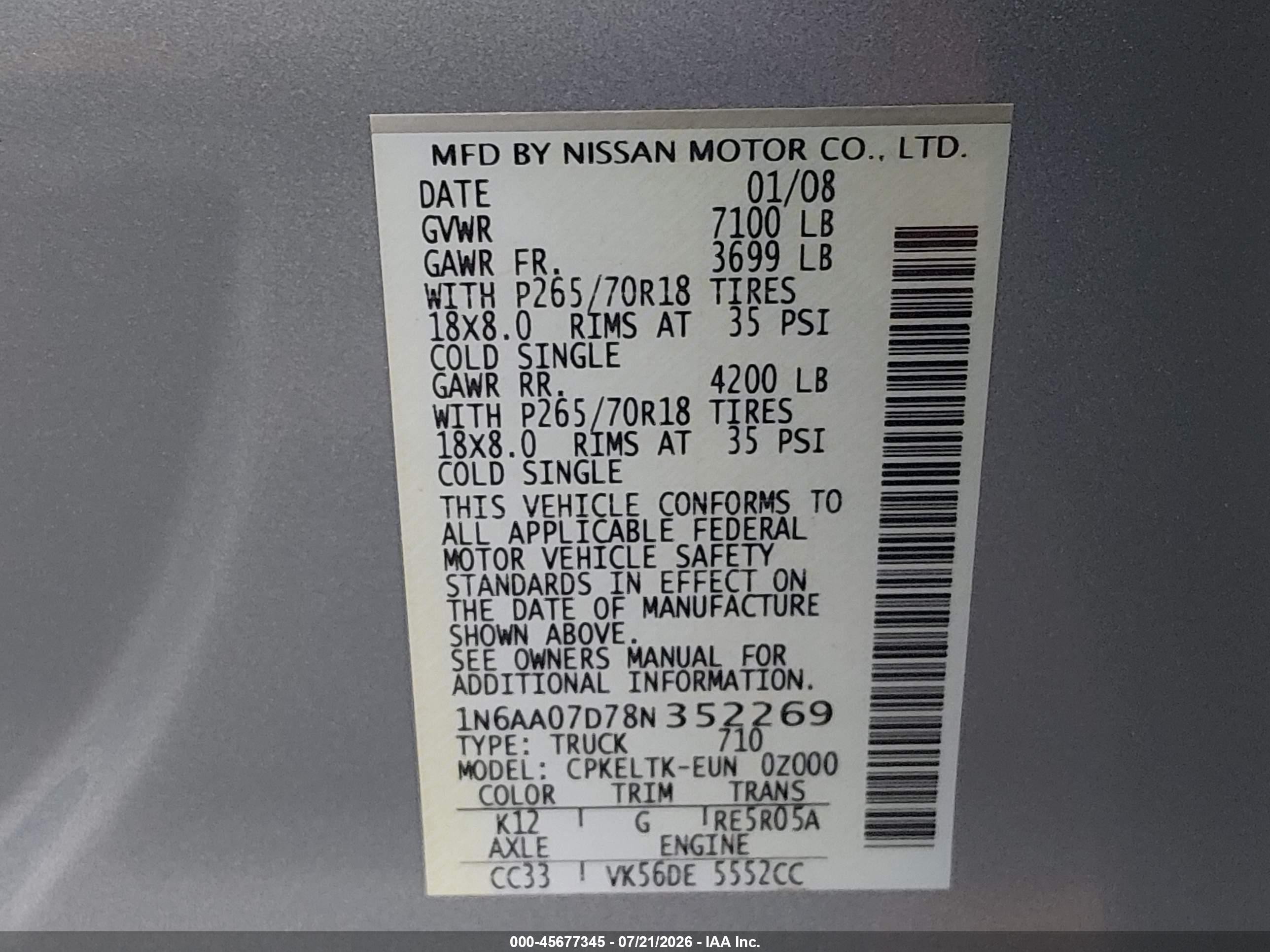 2008 Nissan Titan Se/xe Silver vin: 1N6AA07D78N352269