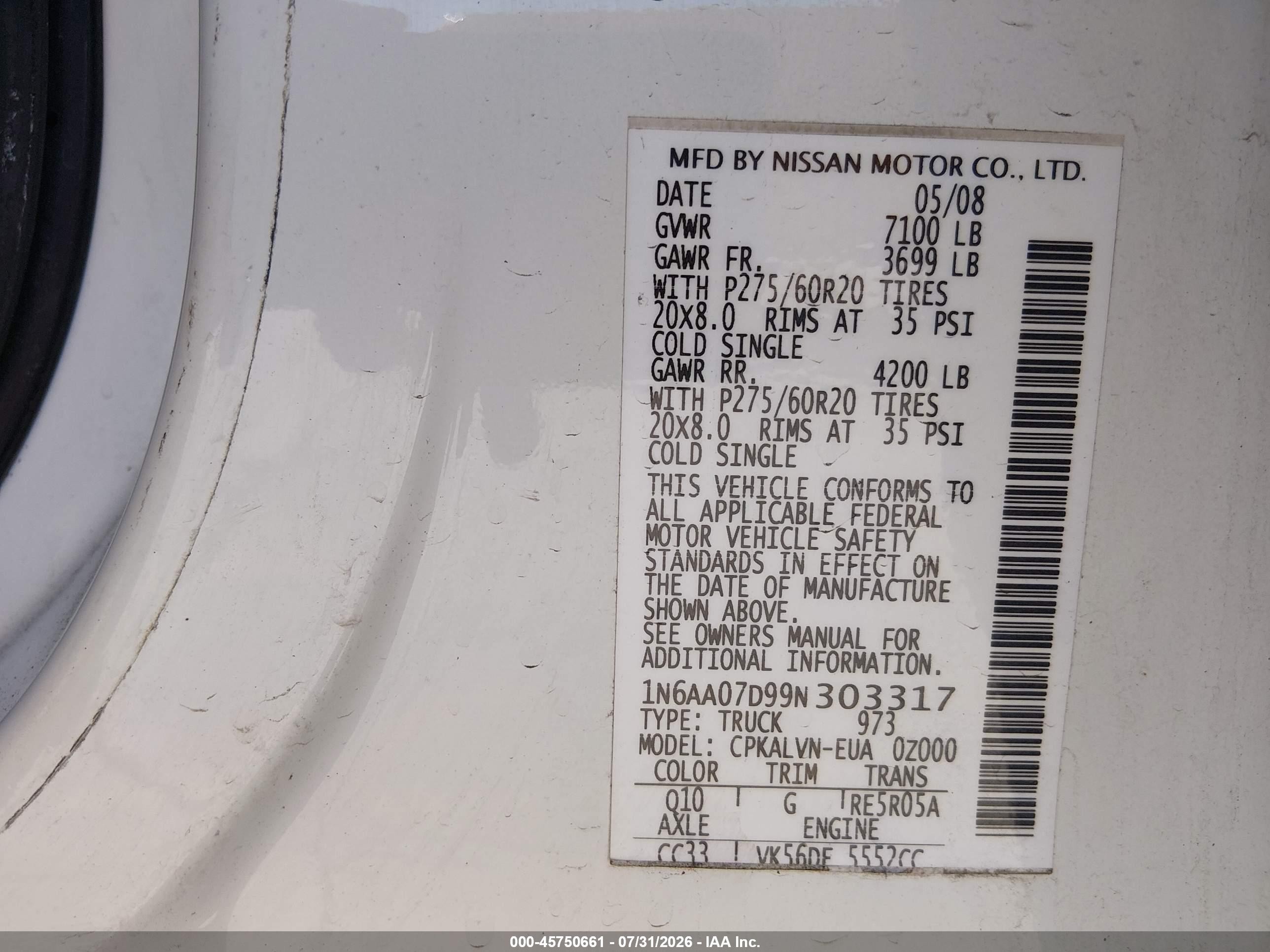 2009 Nissan Titan Le White vin: 1N6AA07D99N303317
