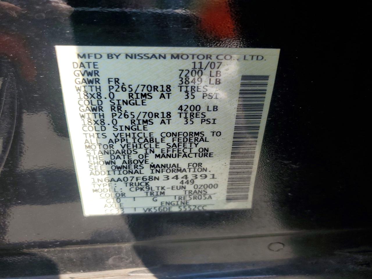 2008 Nissan Titan Xe Black vin: 1N6AA07F68N344391