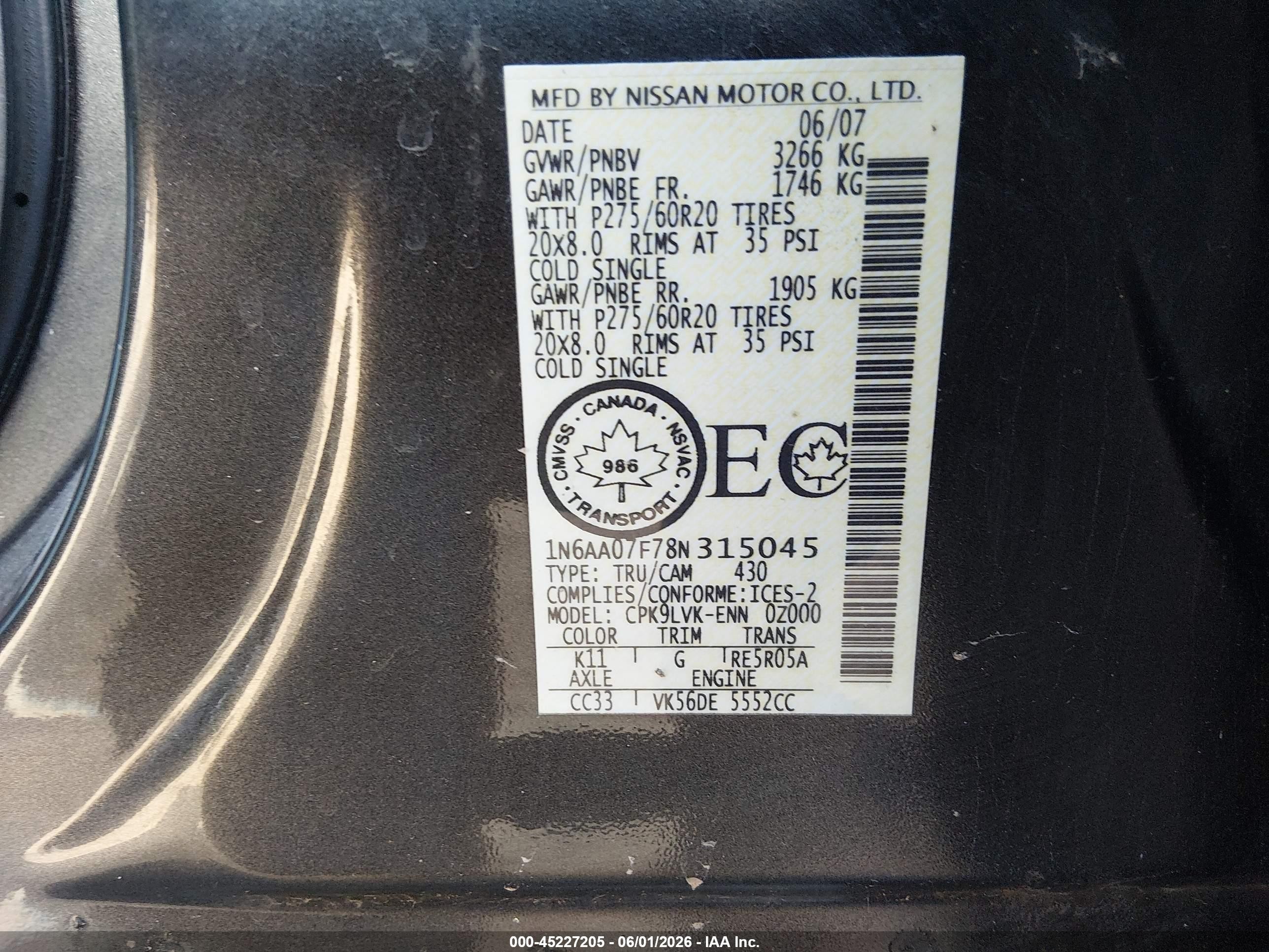 2008 Nissan Titan Le Black vin: 1N6AA07F78N315045