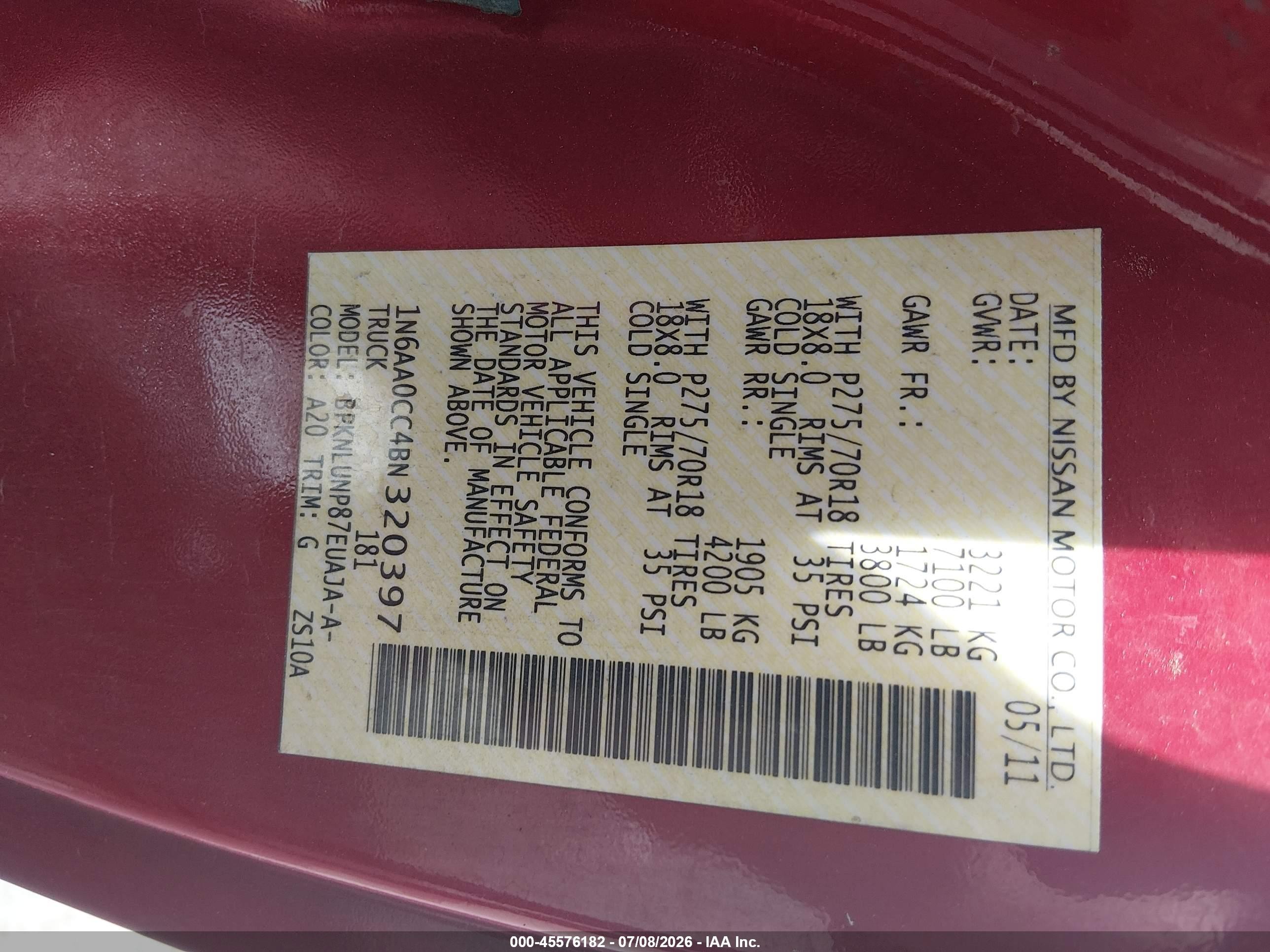 2011 Nissan Titan Pro-4x Red vin: 1N6AA0CC4BN320397