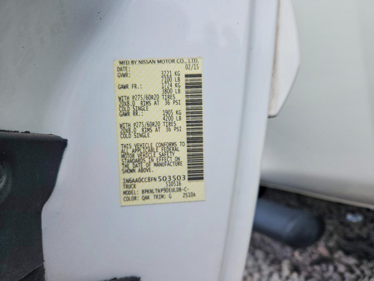 2015 Nissan Titan Sv White vin: 1N6AA0CC8FN503503