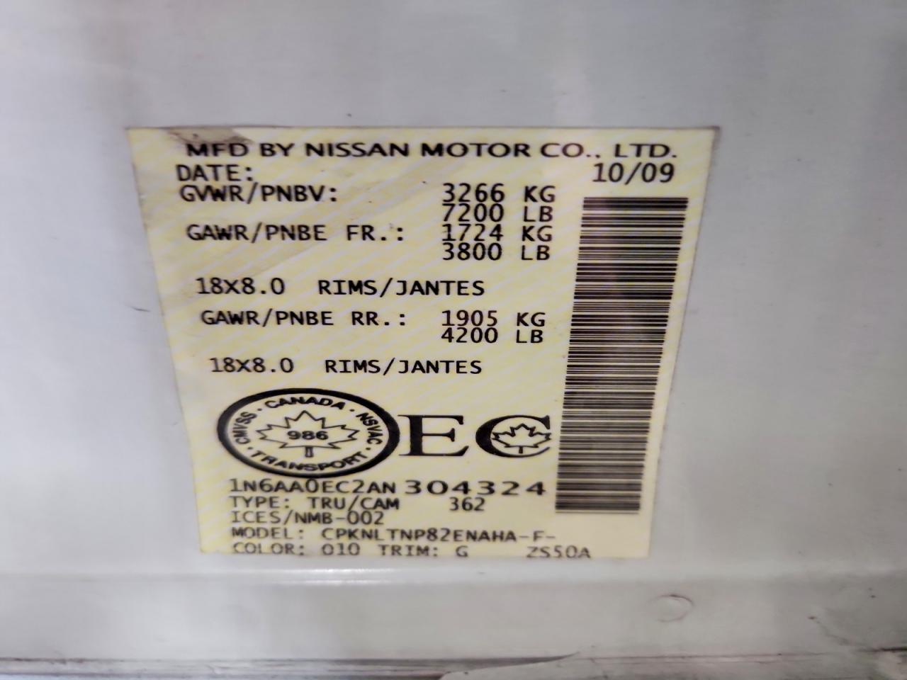 2010 Nissan Titan Se White vin: 1N6AA0EC2AN304324