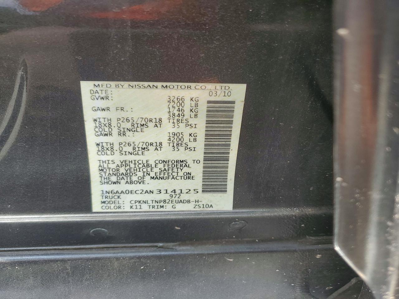 2010 Nissan Titan Se Gray vin: 1N6AA0EC2AN314125