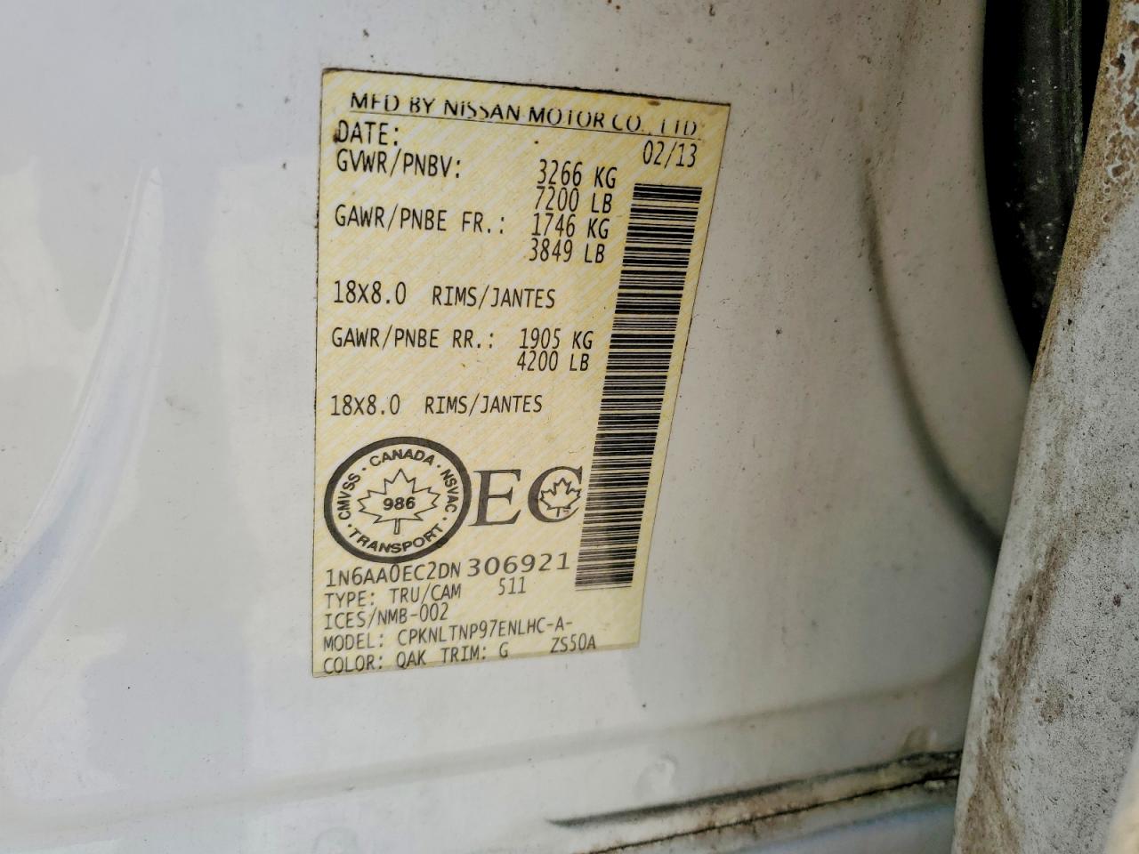 2013 Nissan Titan Sv White vin: 1N6AA0EC2DN306921