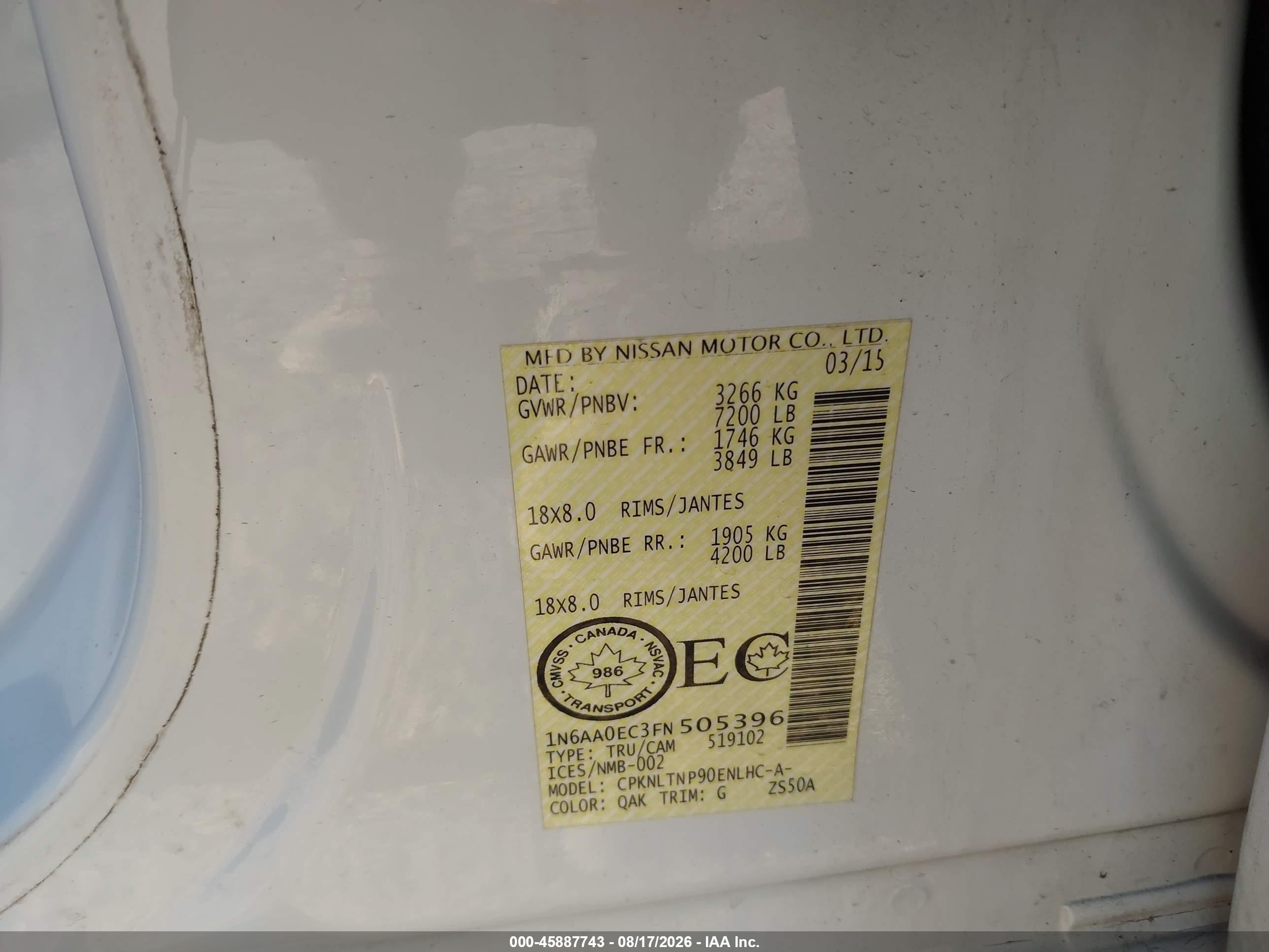 2015 Nissan Titan Pro-4x/s/sl/sv White vin: 1N6AA0EC3FN505396
