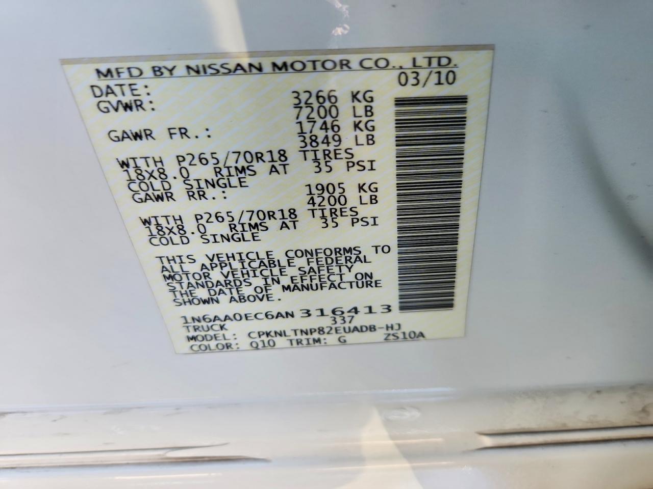 2010 Nissan Titan Se White vin: 1N6AA0EC6AN316413
