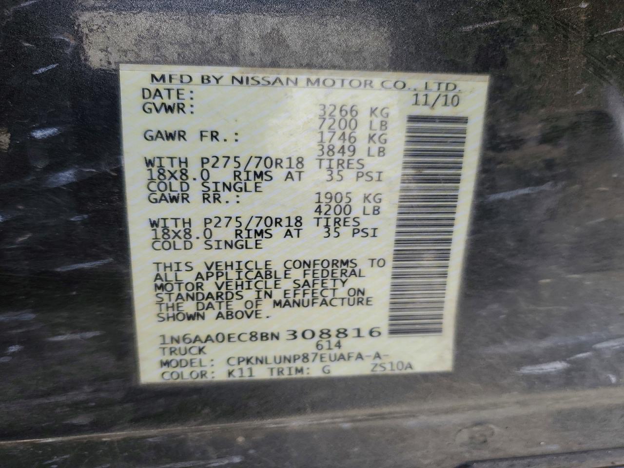 2011 Nissan Titan Sv Charcoal vin: 1N6AA0EC8BN308816