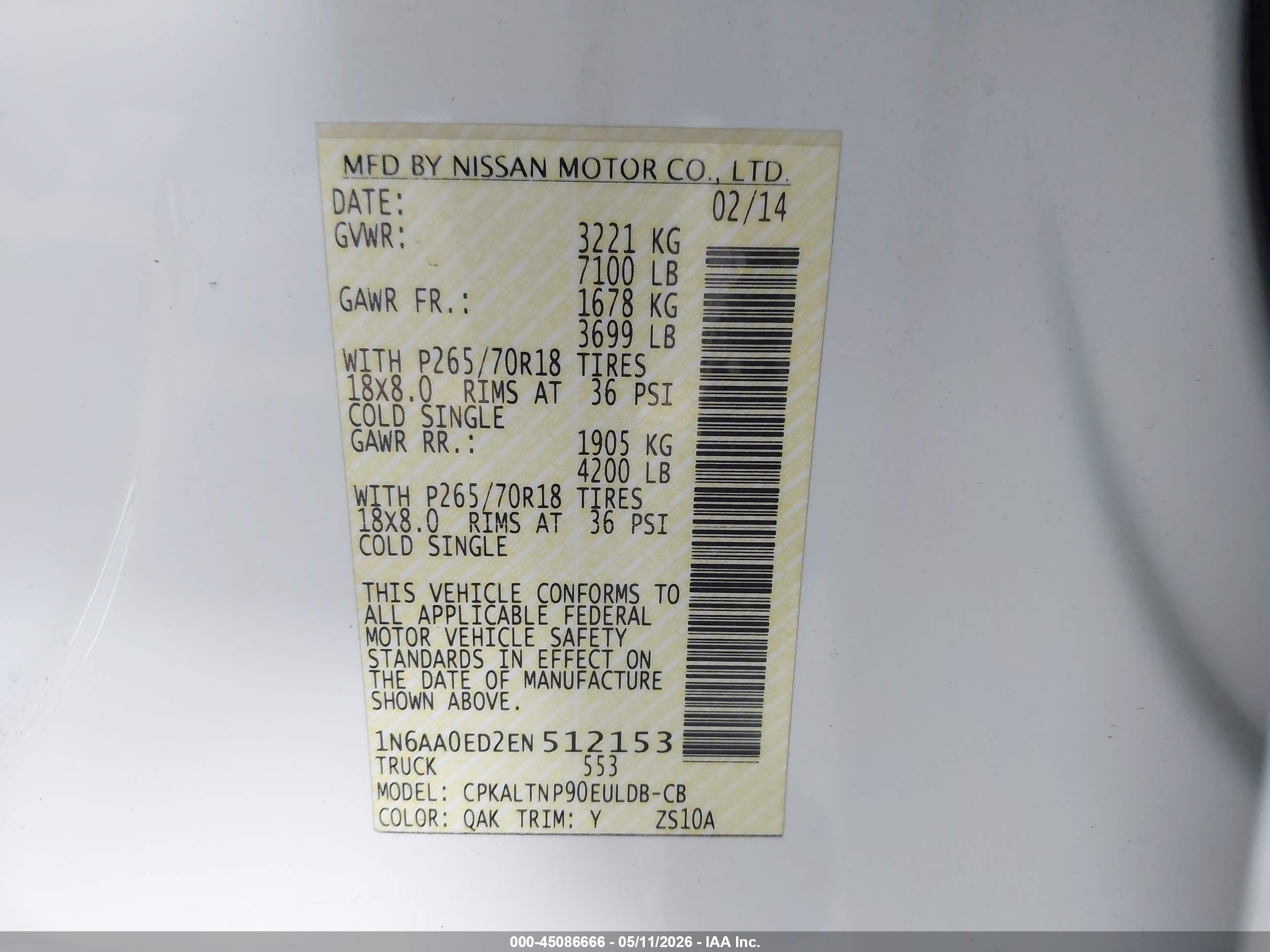 2014 Nissan Titan Sv White vin: 1N6AA0ED2EN512153