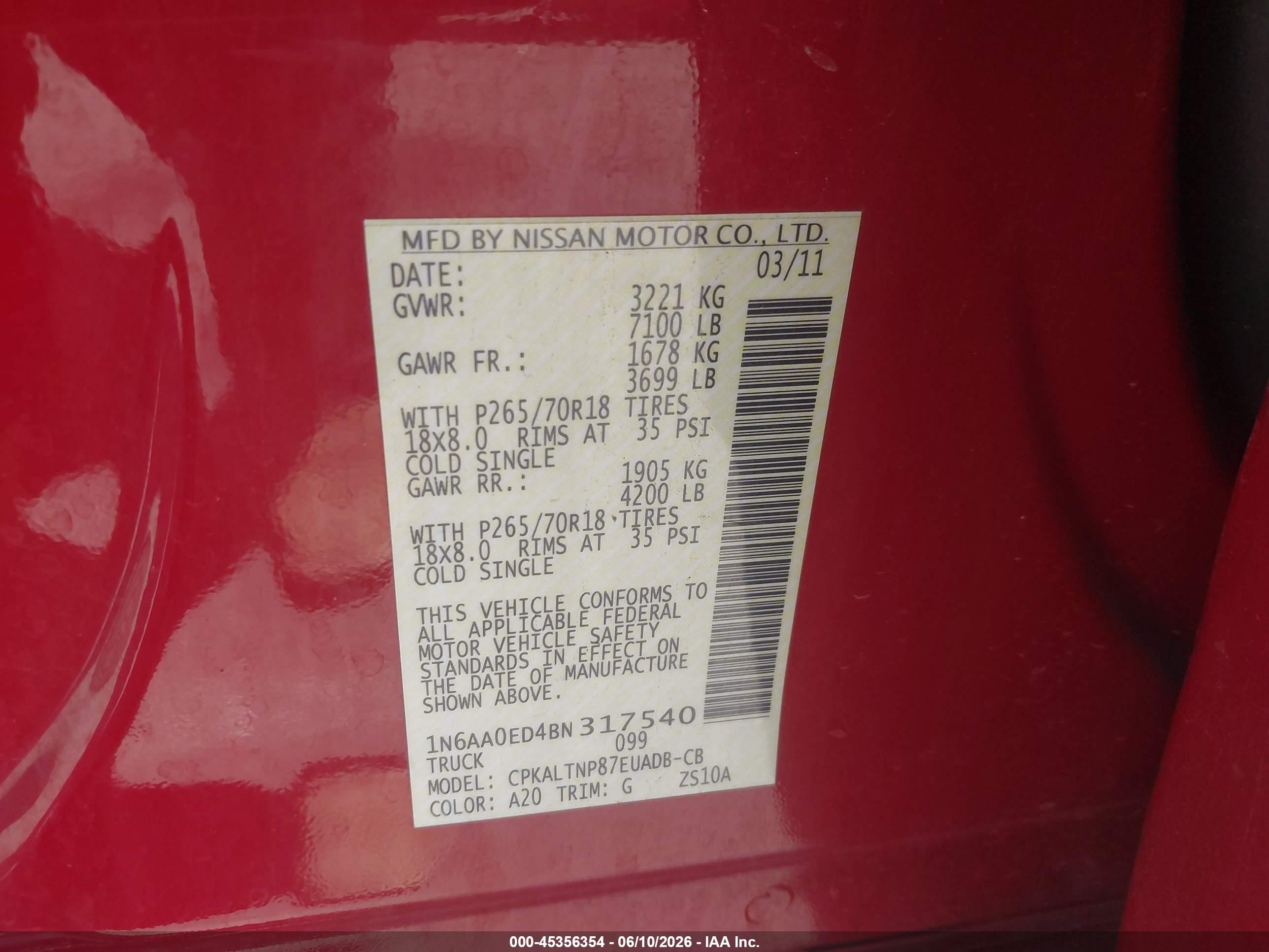 2011 Nissan Titan Sv Red vin: 1N6AA0ED4BN317540